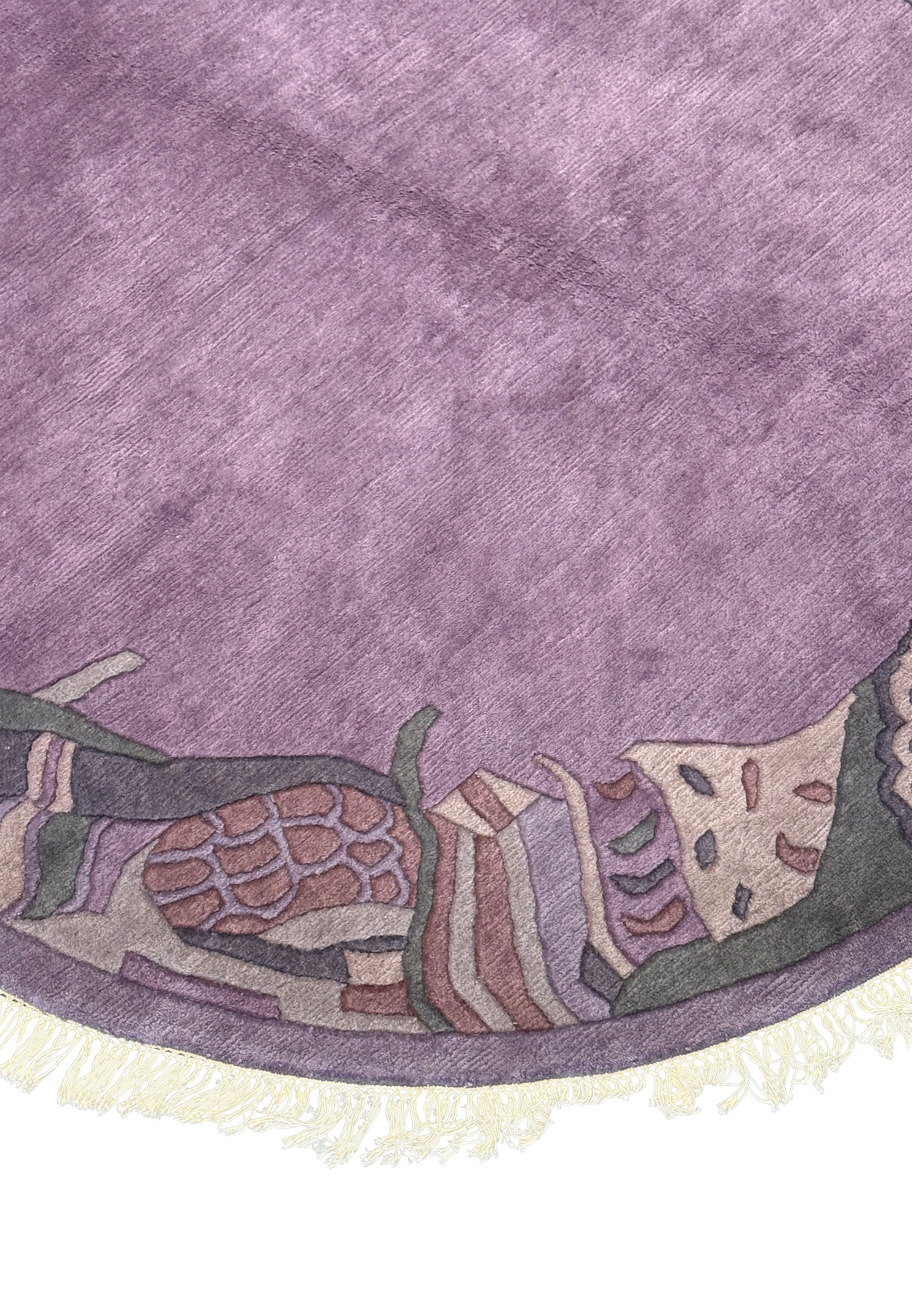 Upper and lower view of the Nepali Round Rug, showing the detailed handwoven patterns along the edge.