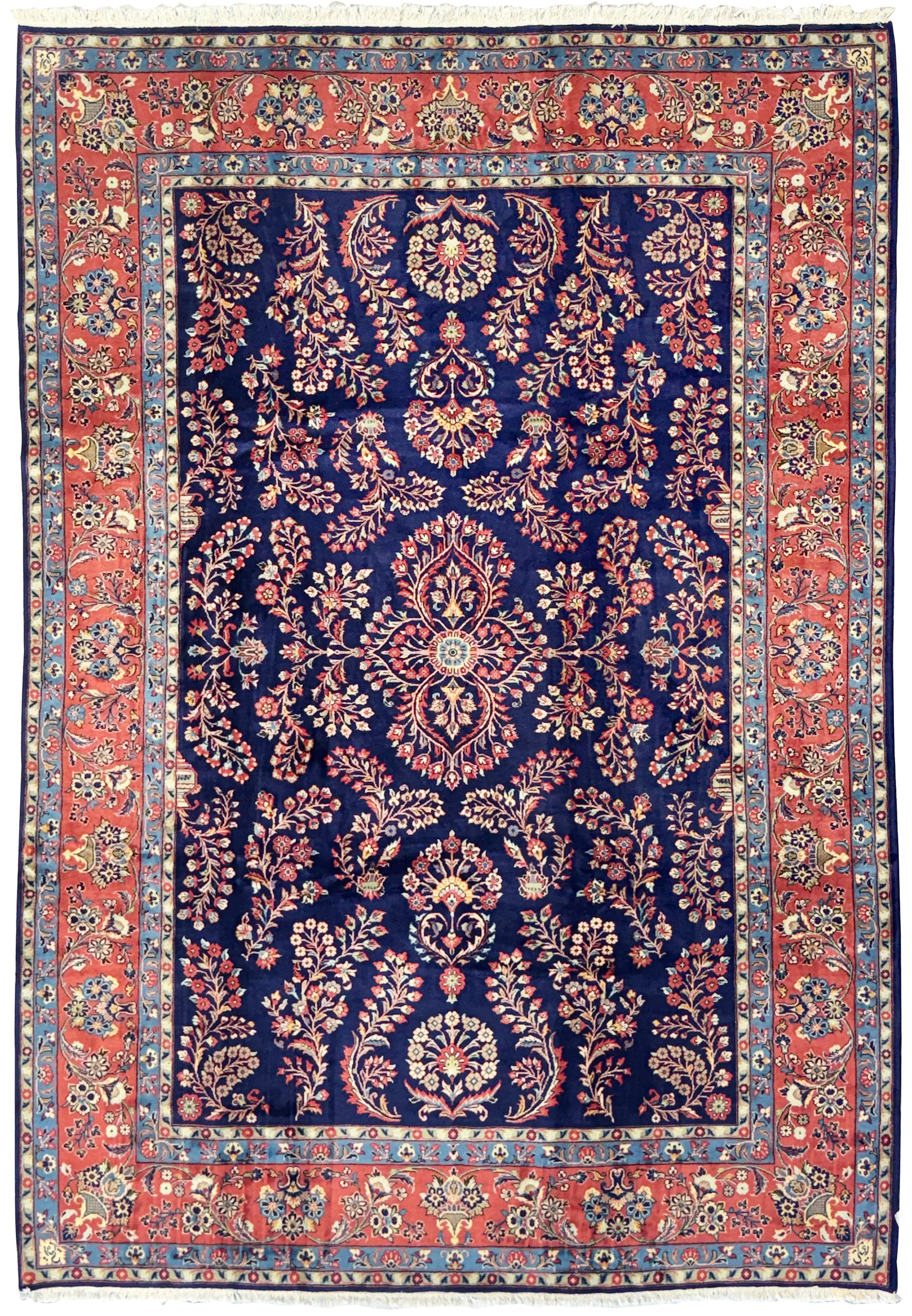 Full view of 8 x 11'8 Persian Sarough handmade rug with navy blue field and floral motifs.