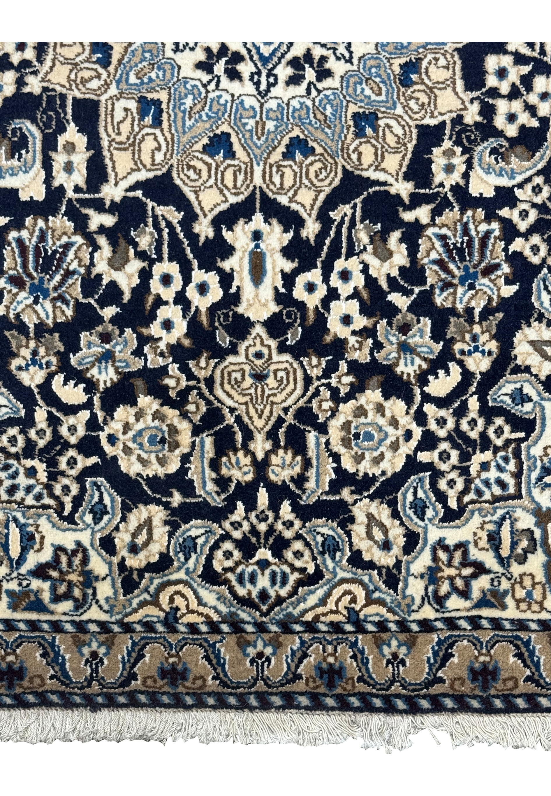 Detailed view of lower portion of 3'1 x 5 Persian Nain Rug's intricate border.