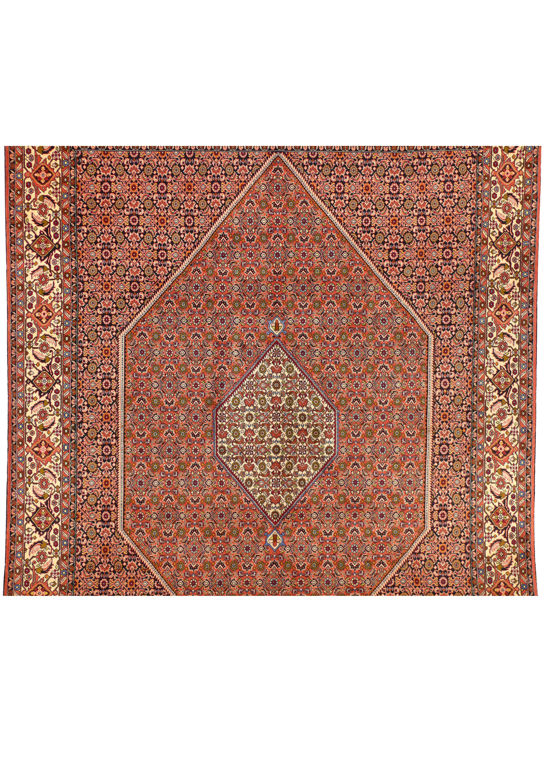 Detailed image of rug’s midsection with tight floral motifs and deep red background typical of Bijar craftsmanship