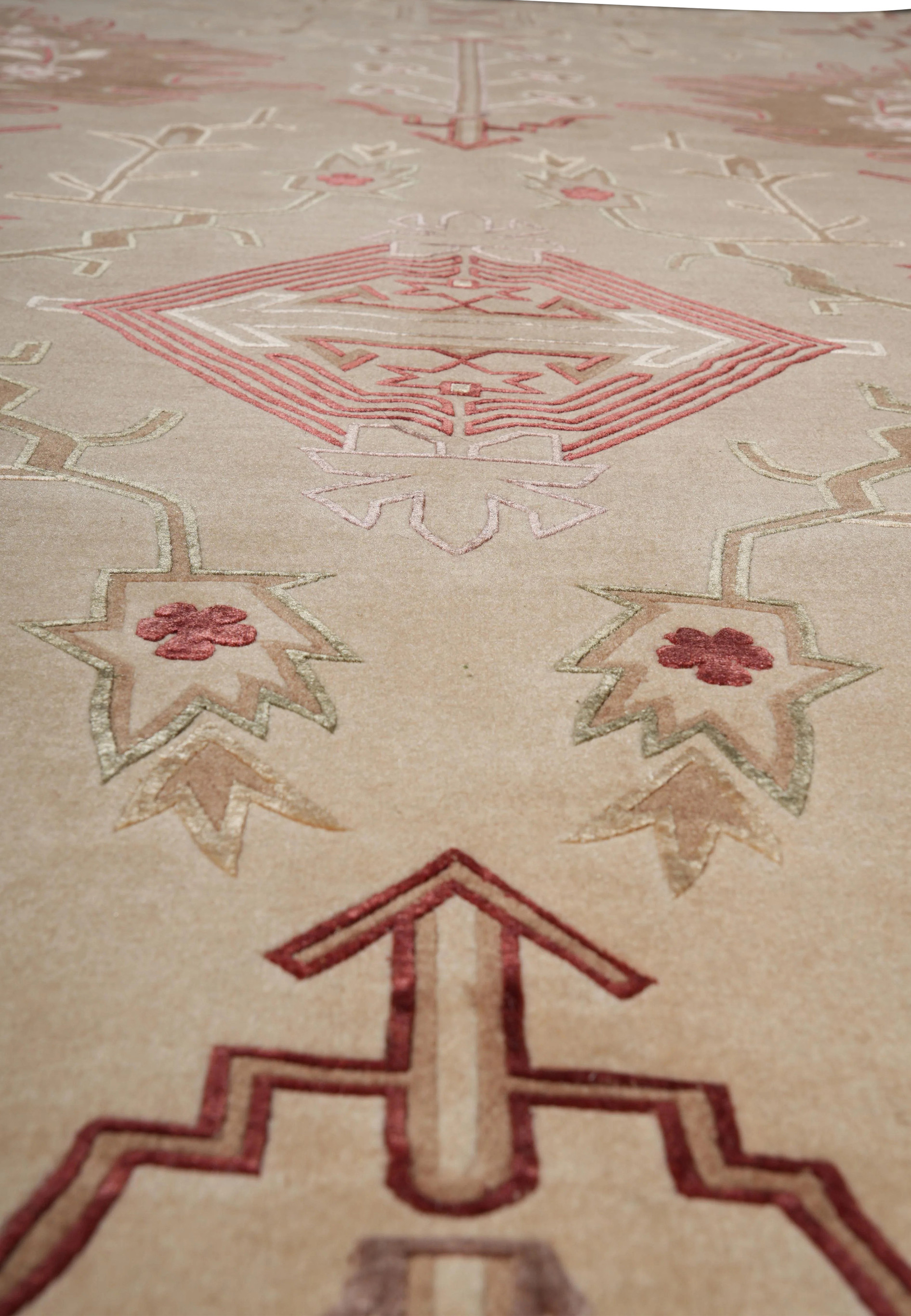 Detailed close-up of geometric pattern on modern Nepalese rug with subtle earthy tones