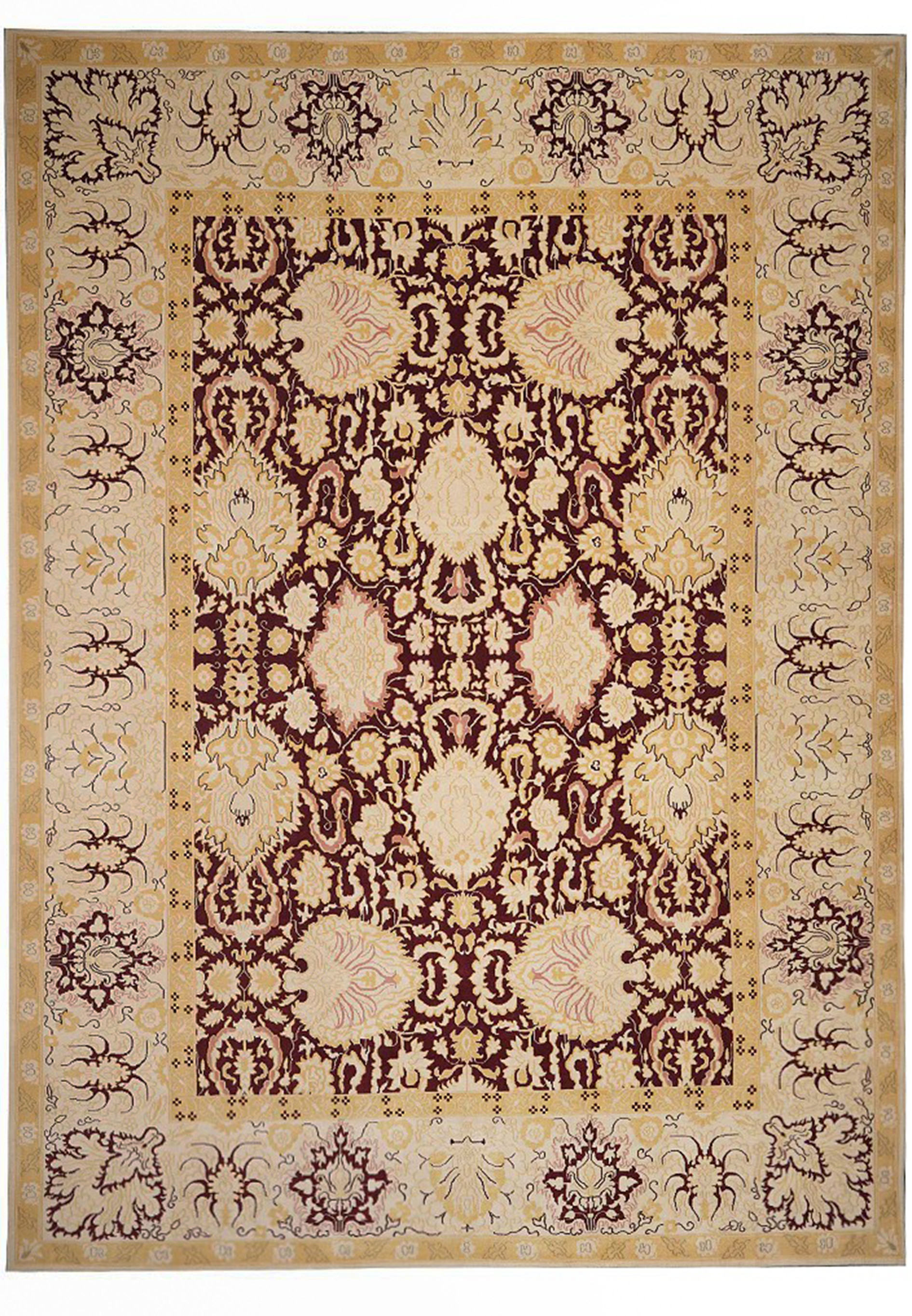 Full view of 9 x 12 Modern Nepali rug featuring abstract lines and neutral tones in hand-knotted wool and silk