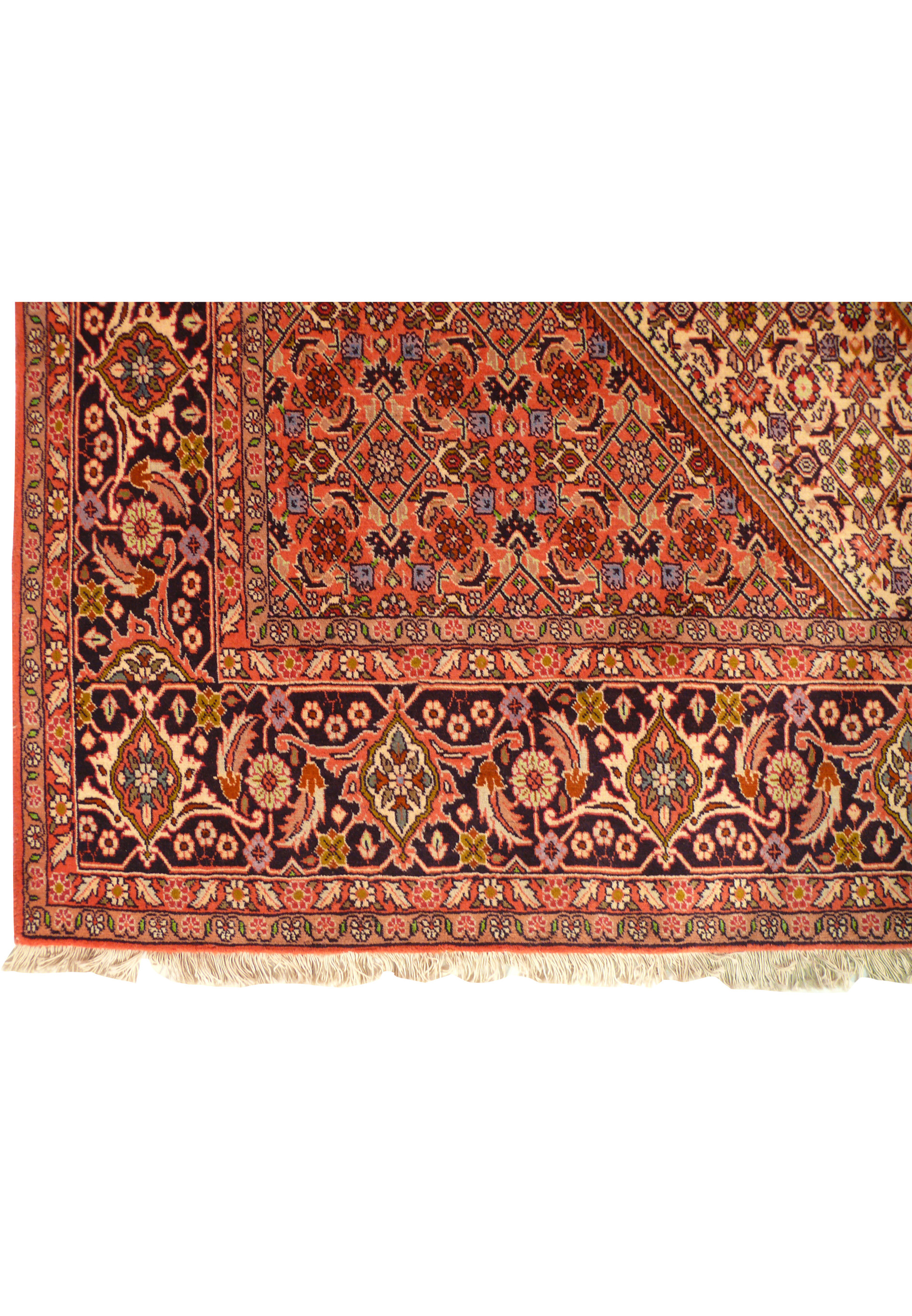 Border view showing ornate floral and vine scrolls framing the main rug field.