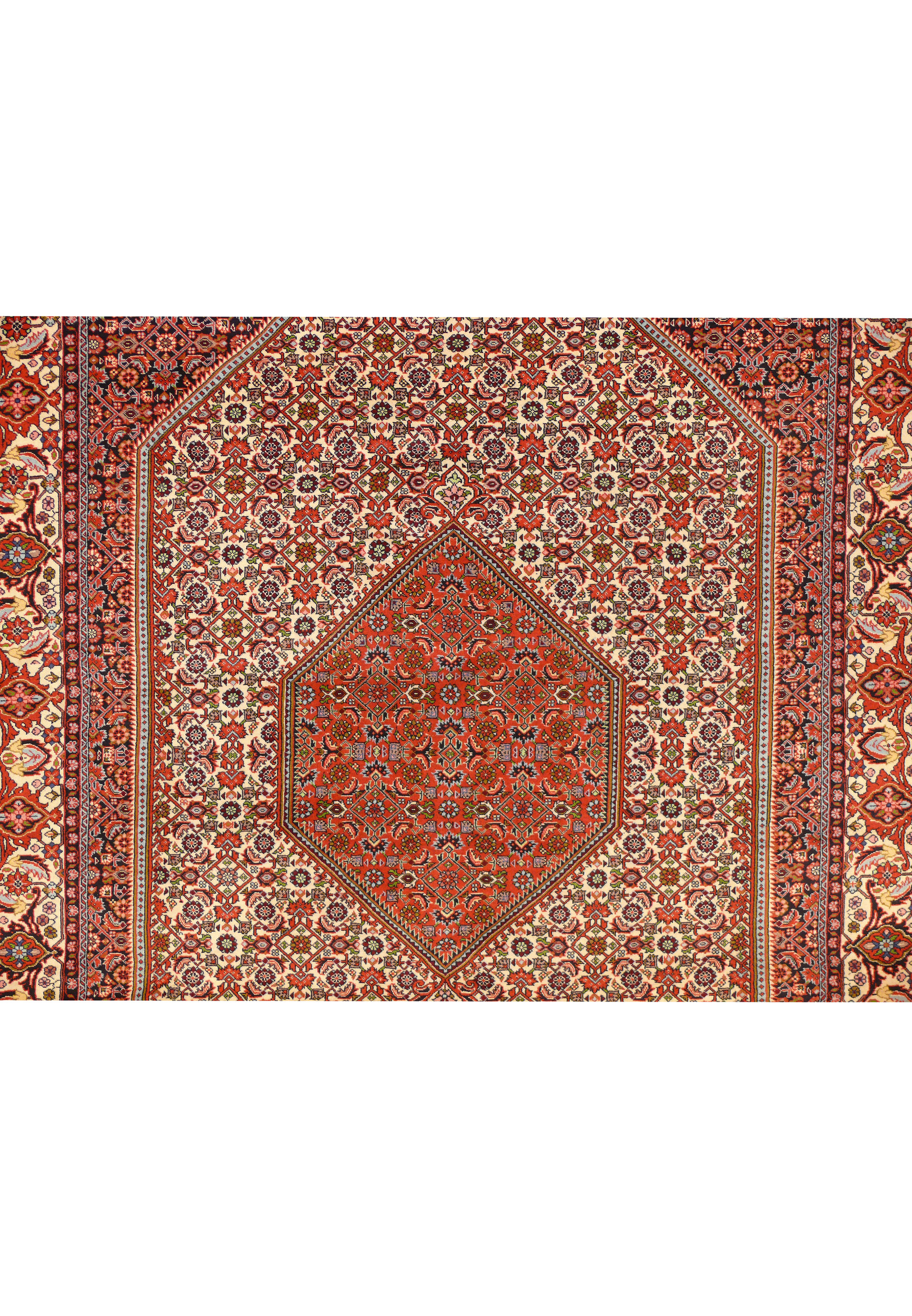 Midfield detail of 7x10 Persian Bijar rug highlighting the floral herati pattern.
