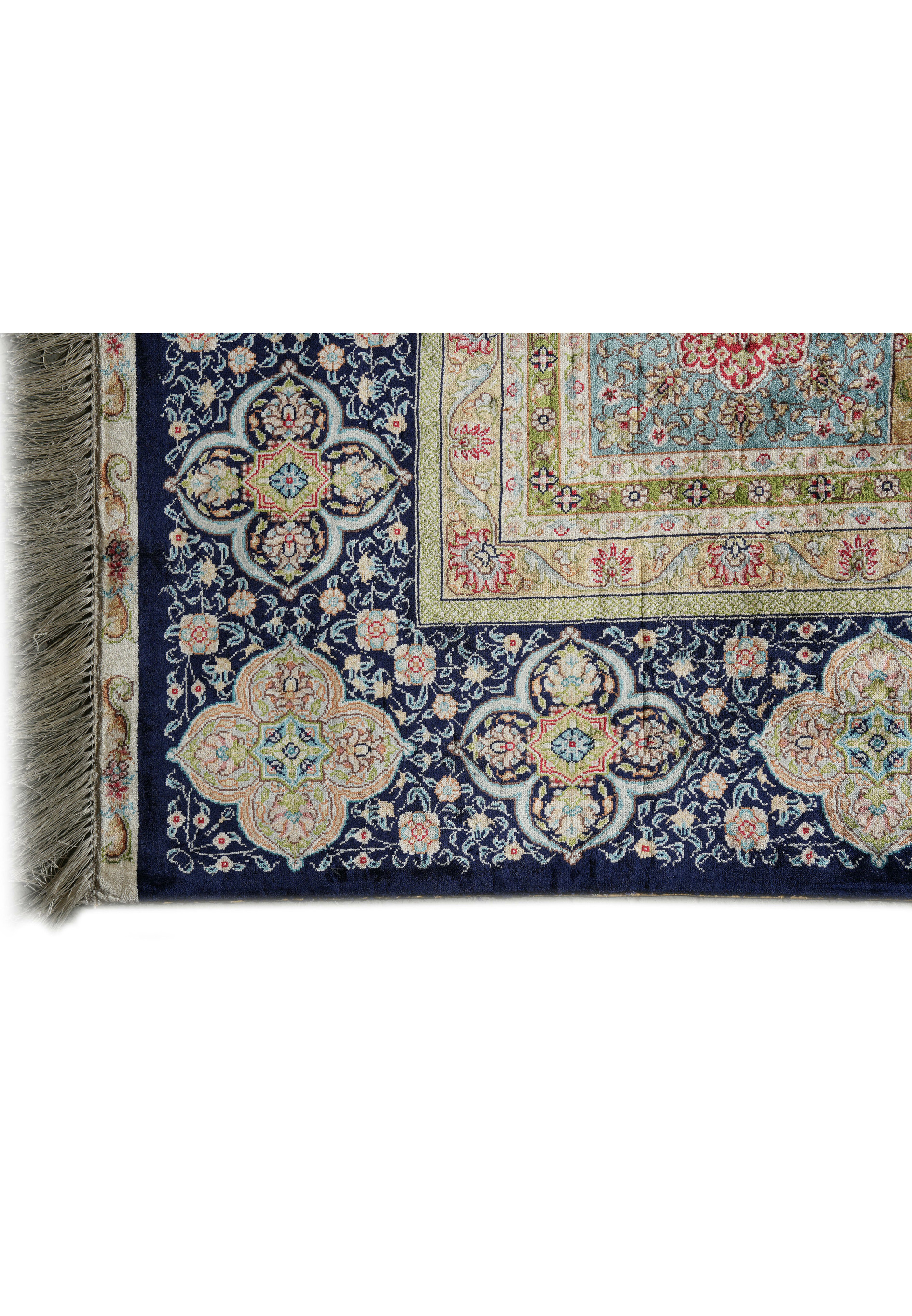 Folded oriental silk rug, vintage 6x9 size, pure silk with medallion and border design.