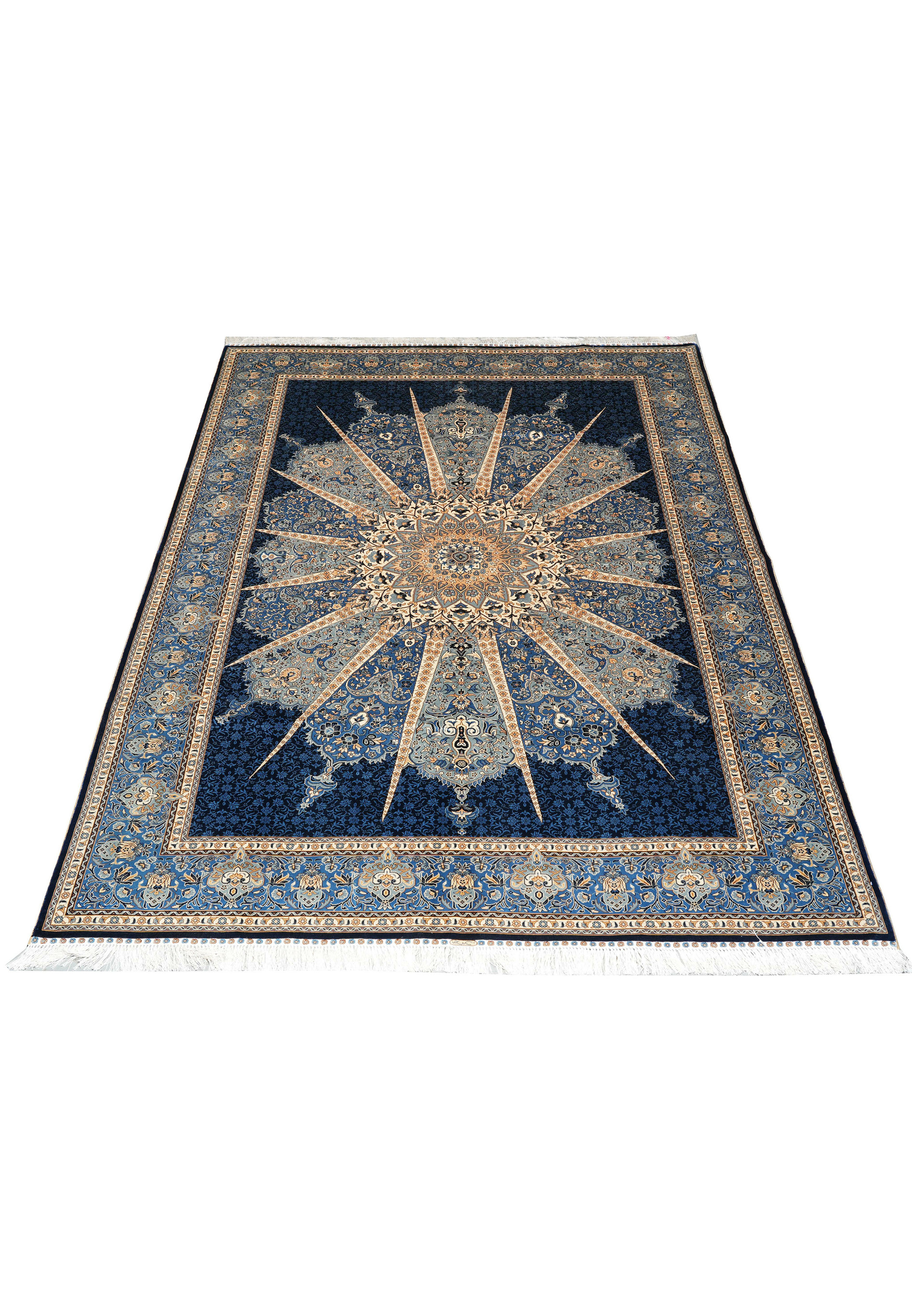 Signed 6x9 oriental silk rug with starburst medallion design, pristine collectible.