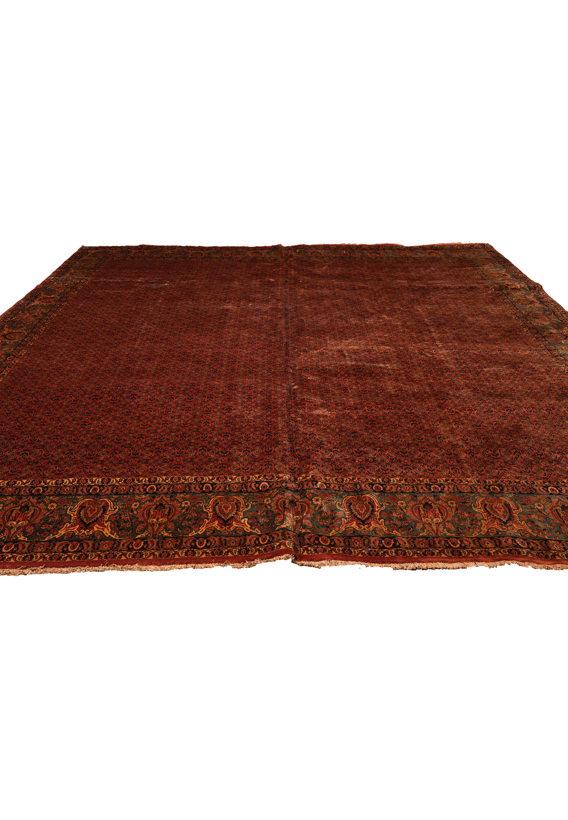 Antique Bijar rug laid flat showing square proportions and central field