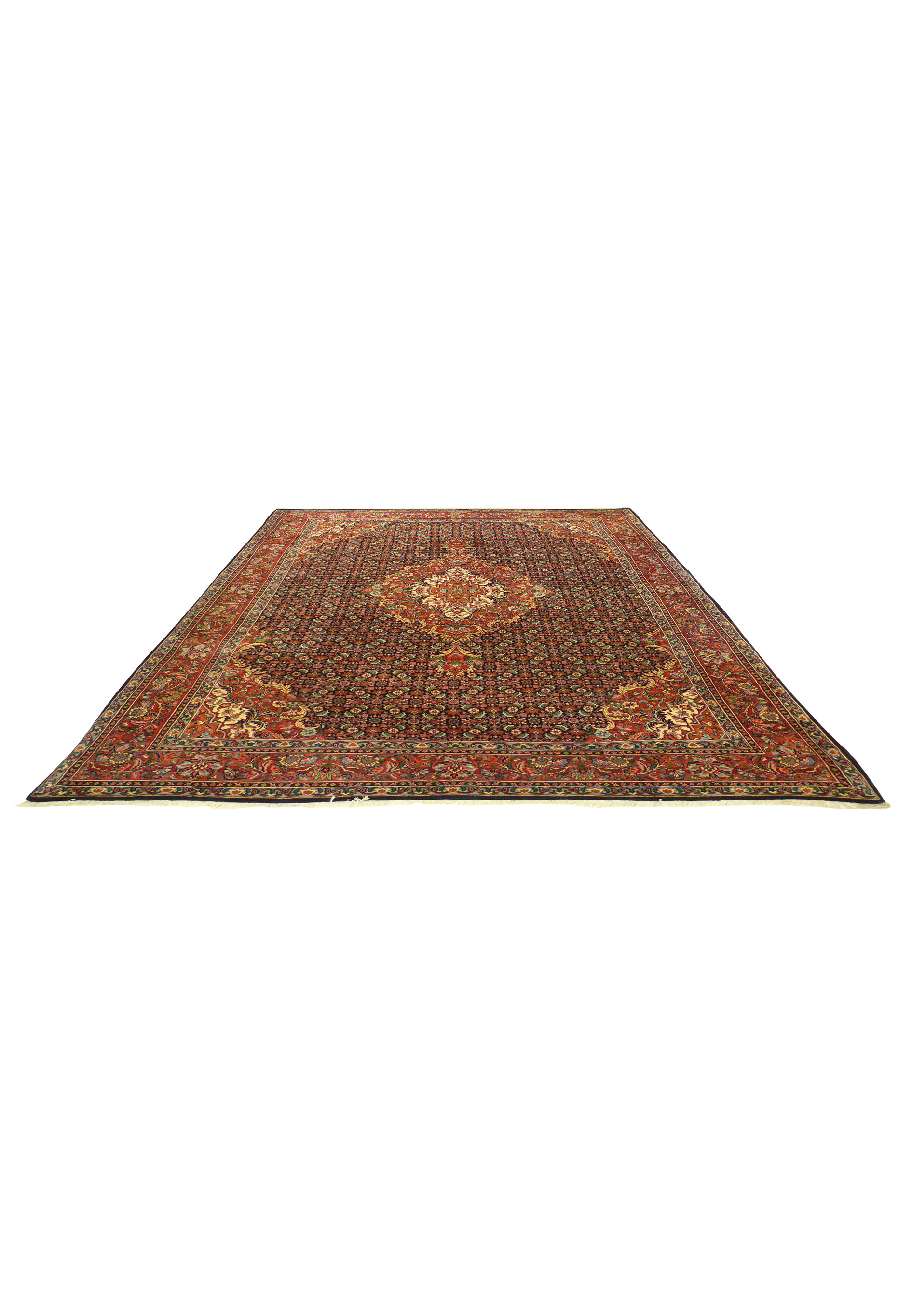 Angled view of Persian Bijar rug highlighting medallion and floral lattice pattern