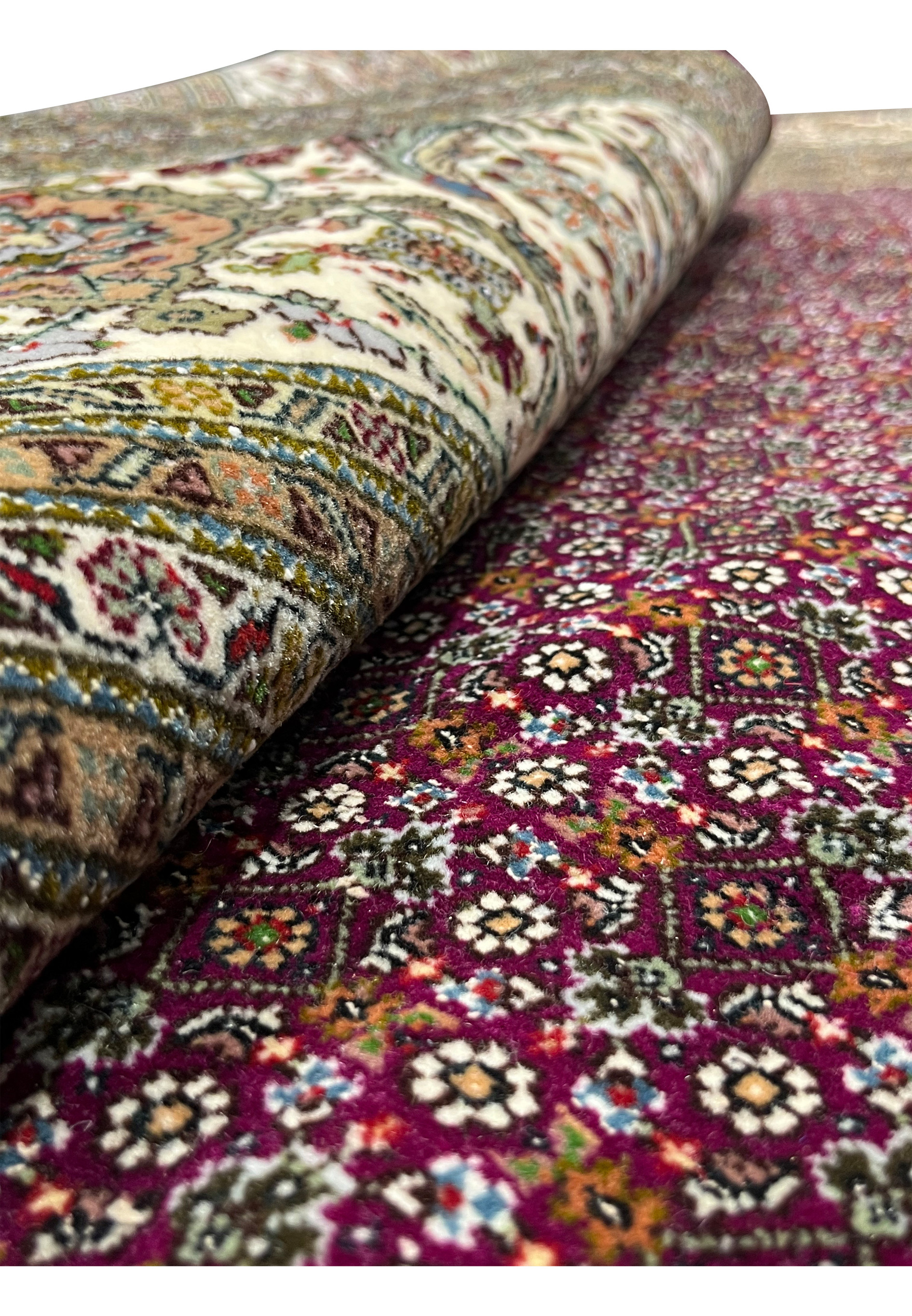 Rolled Persian Tabriz 50 Raj Square Rug highlighting fine knot density and deep wine red floral patterned field