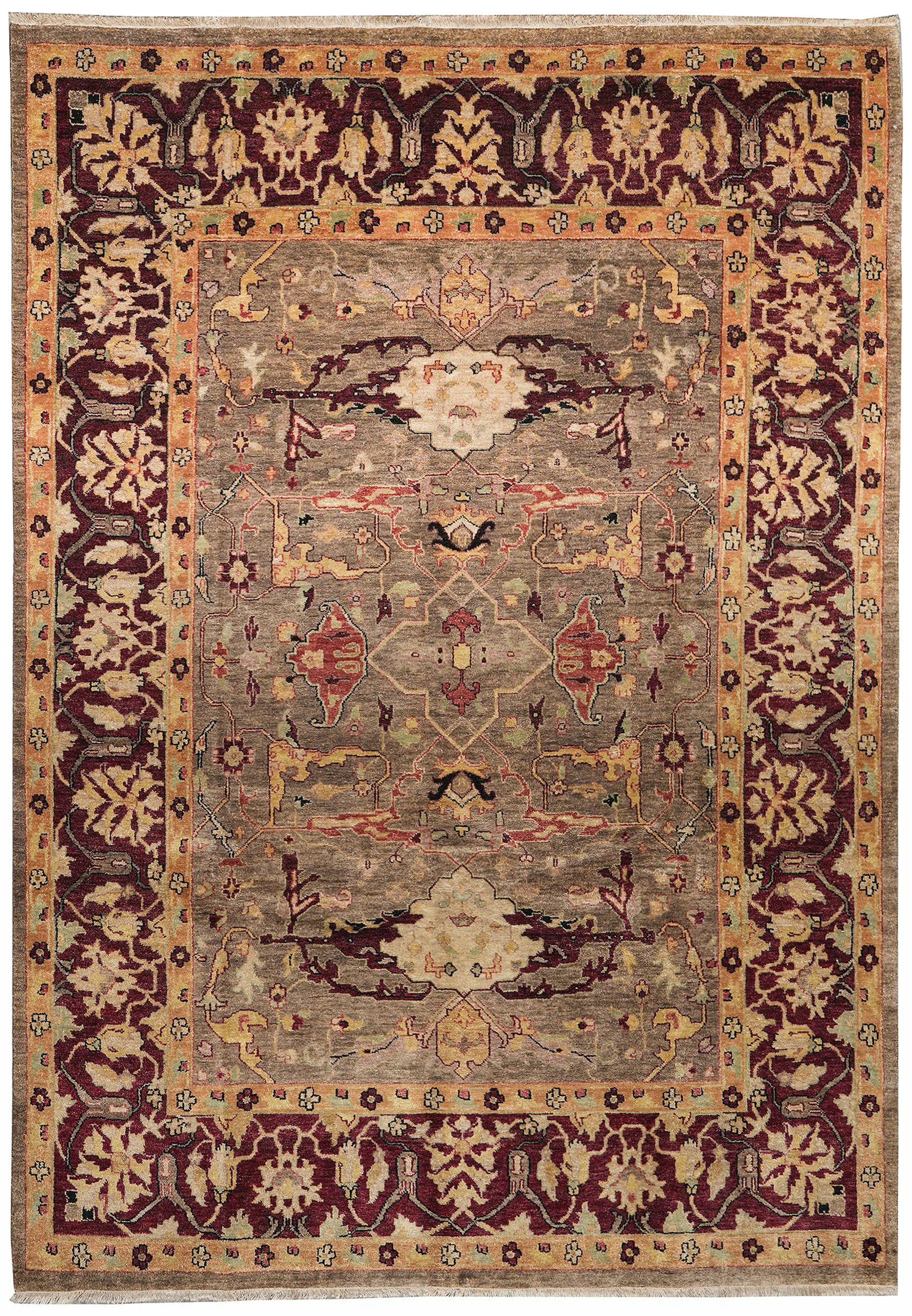 Full overhead view of Afghan Chobi Peshawar Rug 8'4 x 10 with taupe, beige, and burgundy colors