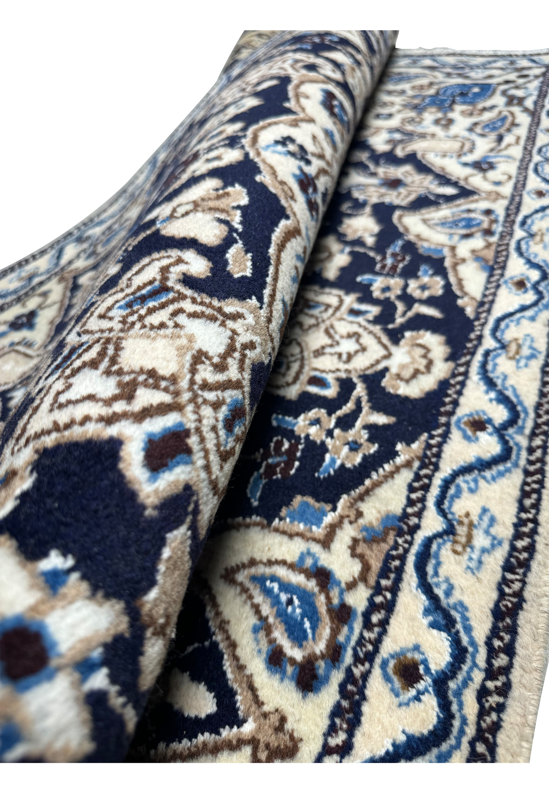 Rolled 3 x 4'8 Navy Blue Nain Persian Rug highlighting wool pile and weave