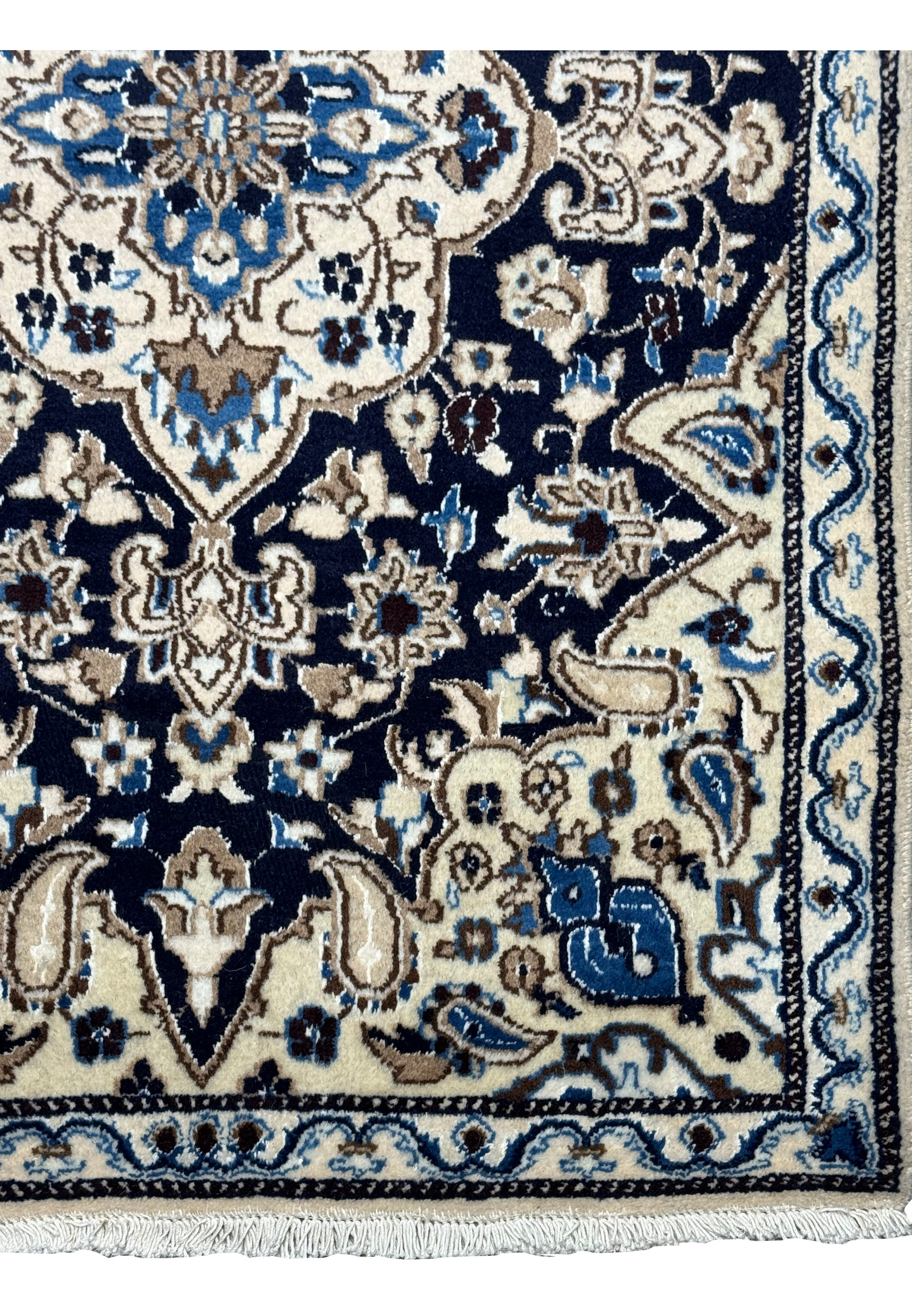 Side border detail of 3 x 4'8 Navy Blue Nain Persian Rug with floral patterns