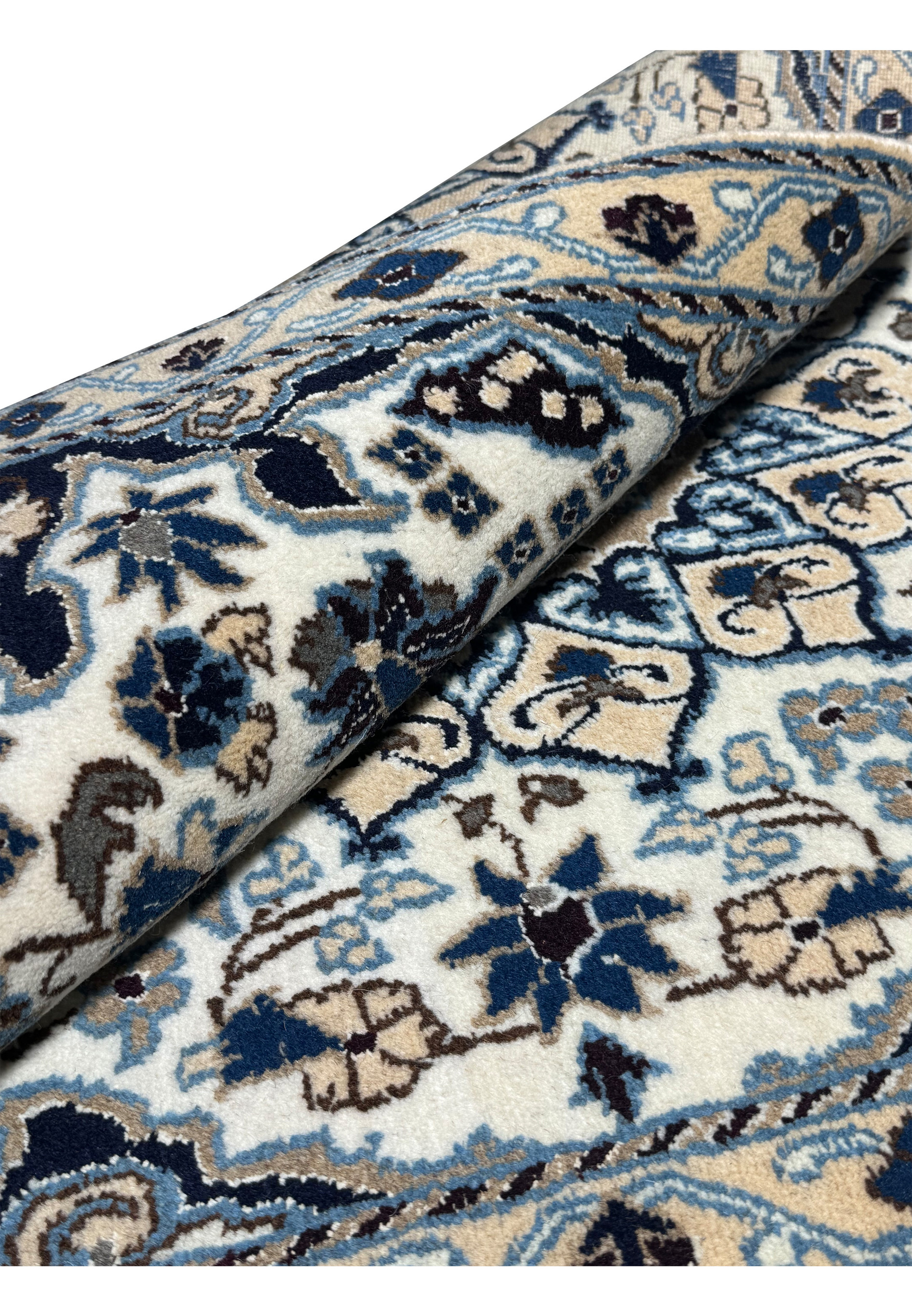 Rolled view of 2'9 x 4'10" Ivory Nain Persian Rug highlighting wool texture and weave.