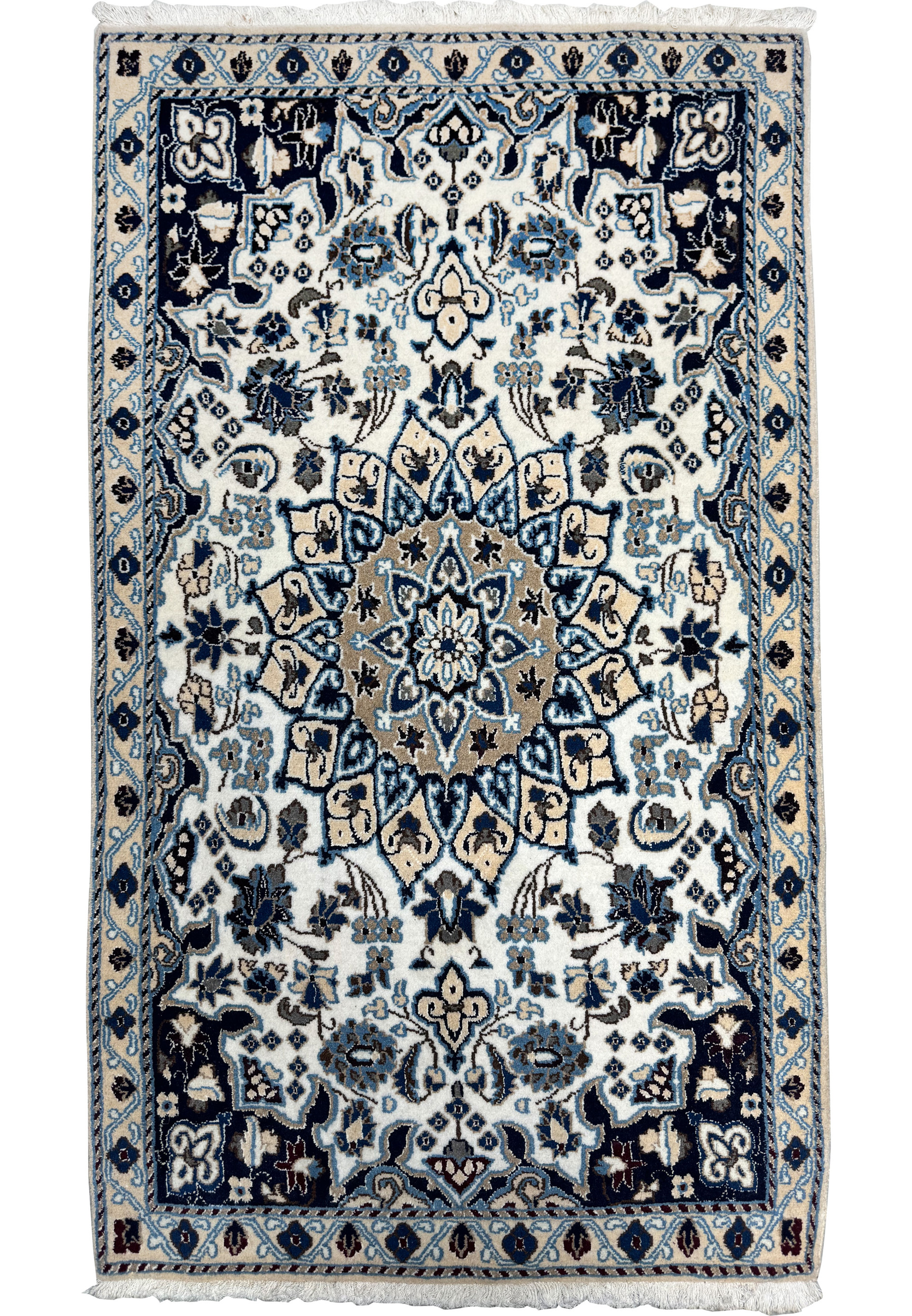 Full view of 2'9 x 4'10" Ivory Nain Persian Rug with ivory field and navy border