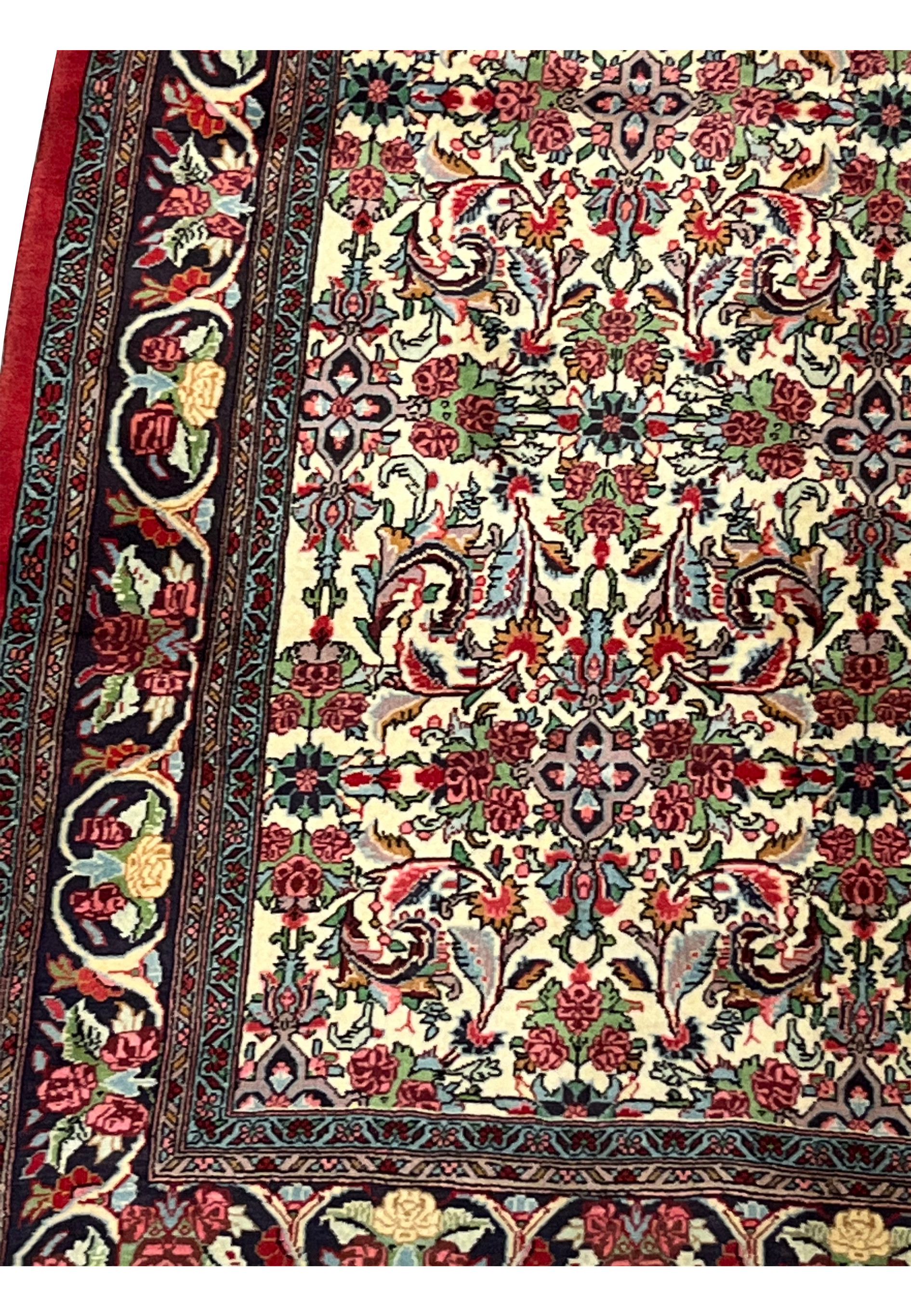Detailed view of rug border and floral field patterns on Persian Bijar Halvaie Rug