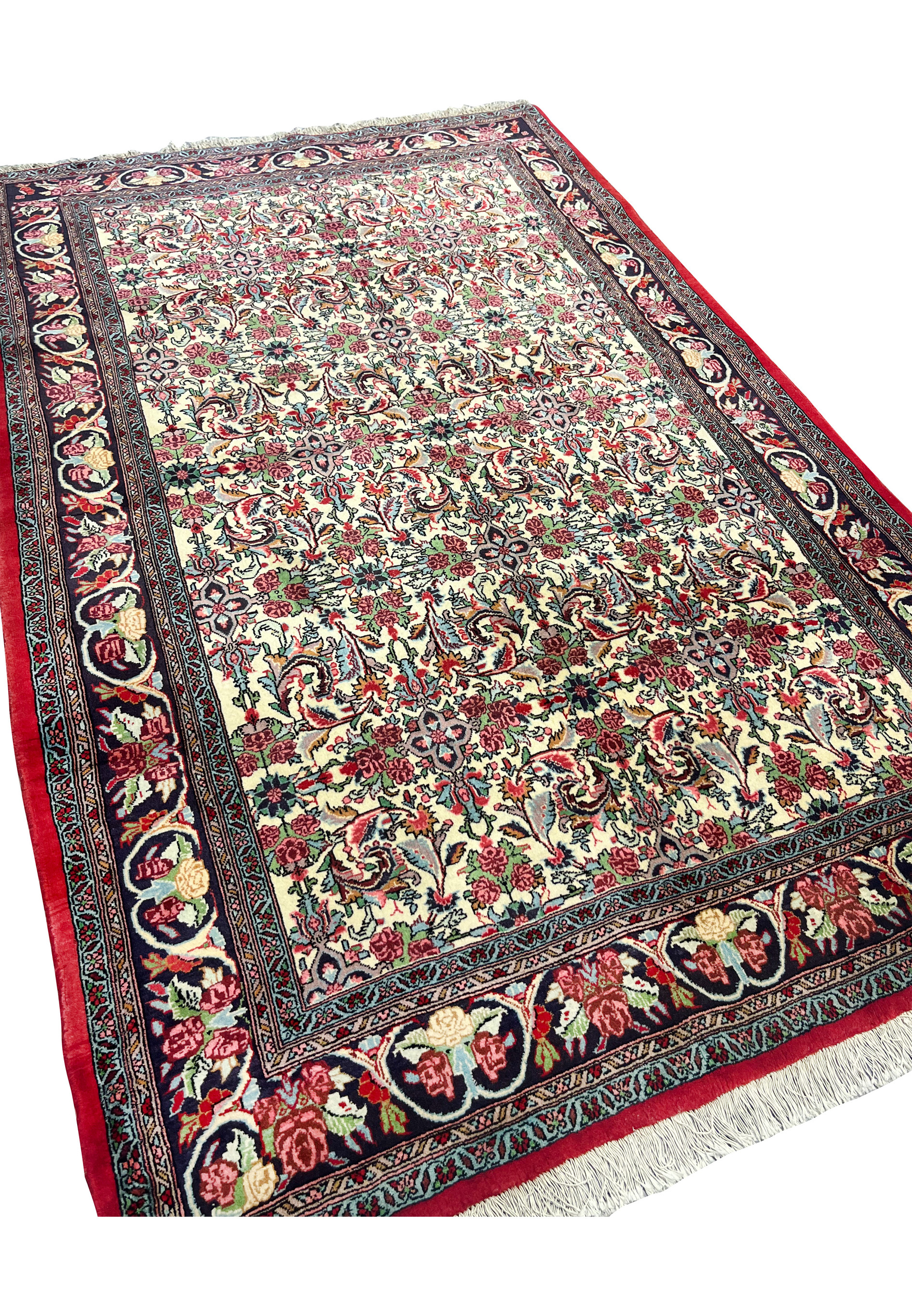 Angled perspective of 4'7 x 7'5 Persian Bijar Halvaie Rug with floral motifs