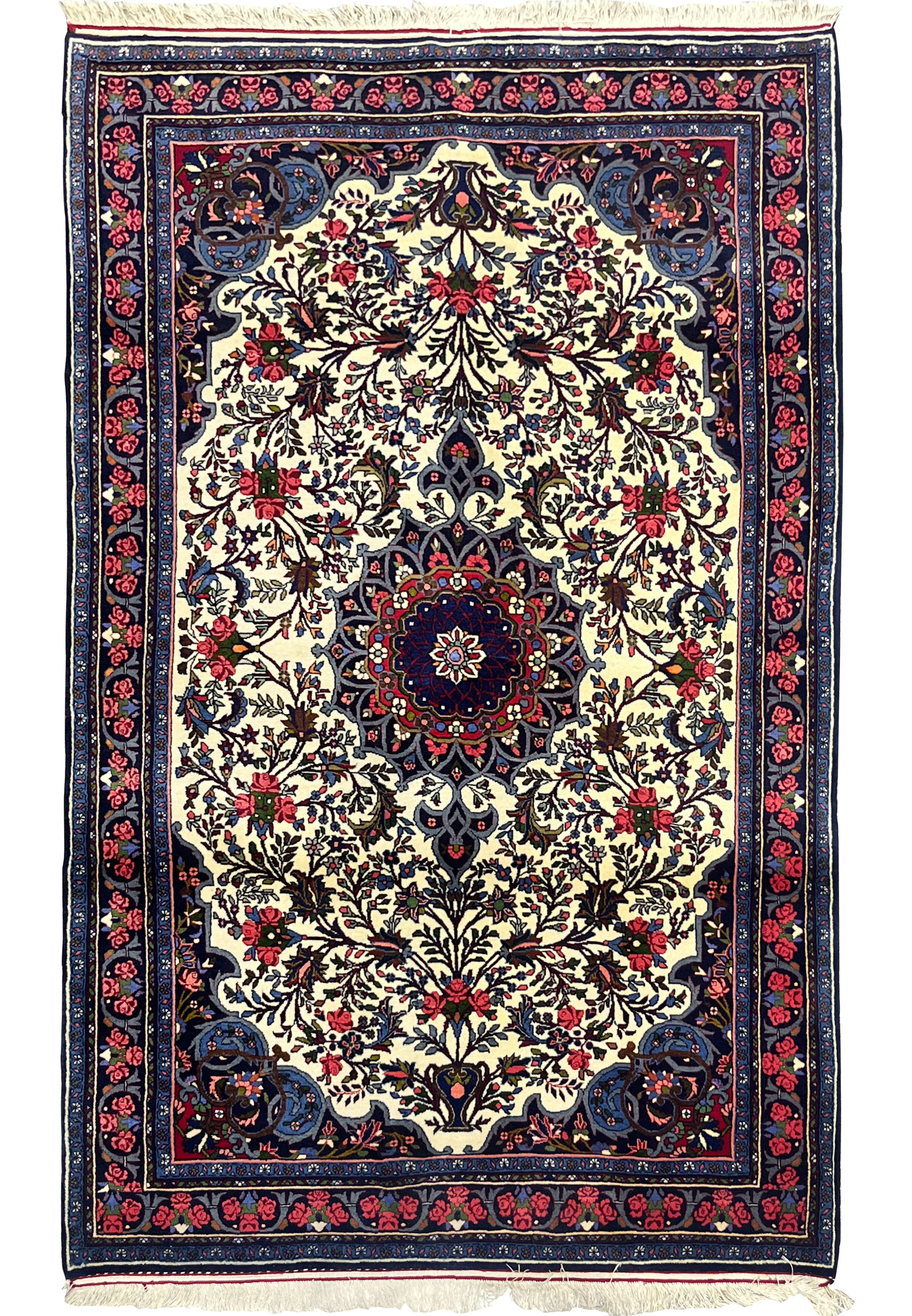 Full view of 4'3 x 6'8 Floral Persian Bijar Rug with ivory field, navy blue border, and intricate floral motifs