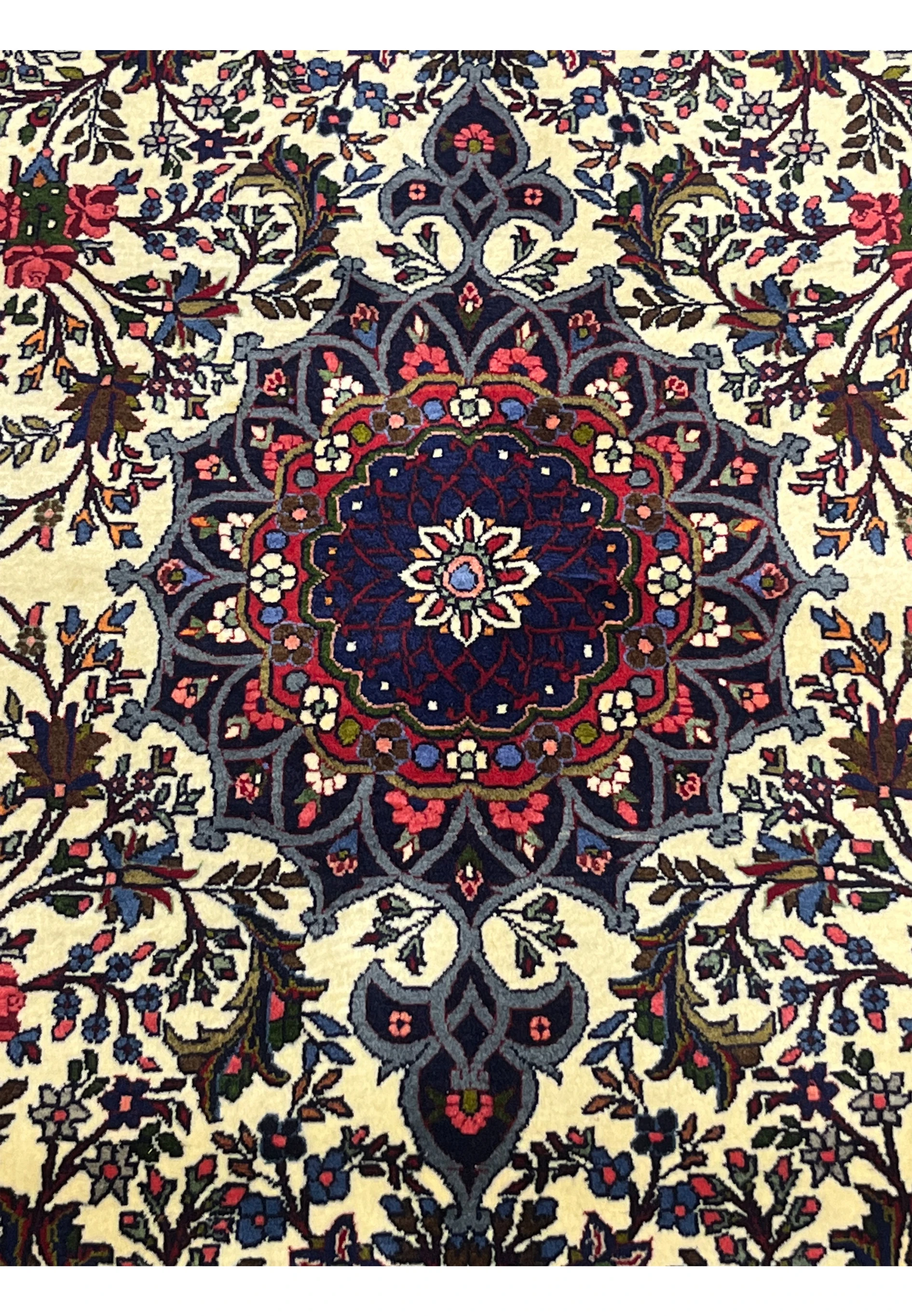 Central medallion of Floral Persian Bijar Rug in navy blue, burgundy red, and ivory tones
