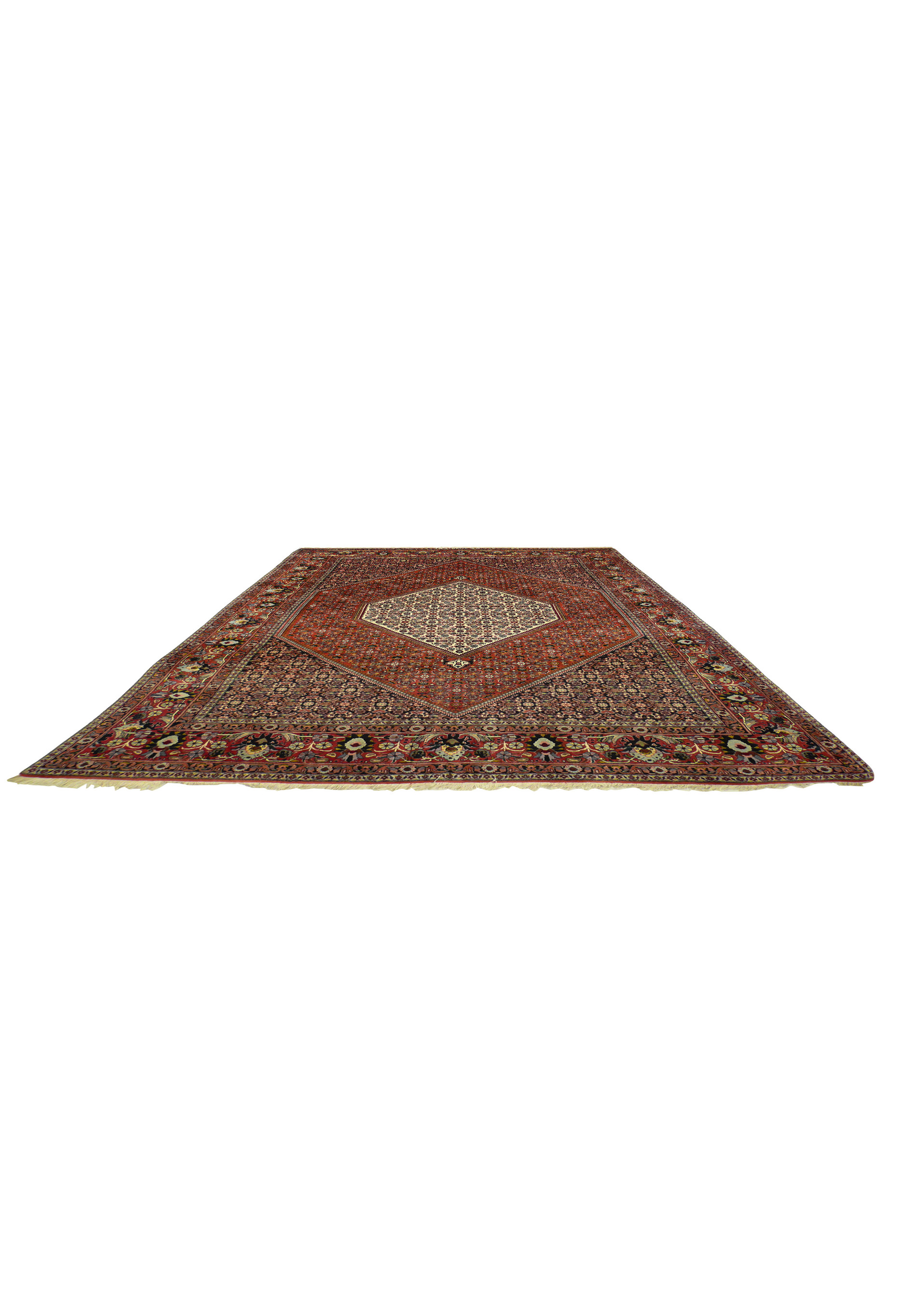 Laid down view of Bijar Persian Iron Rug highlighting geometric medallion, floral lattice, and detailed border