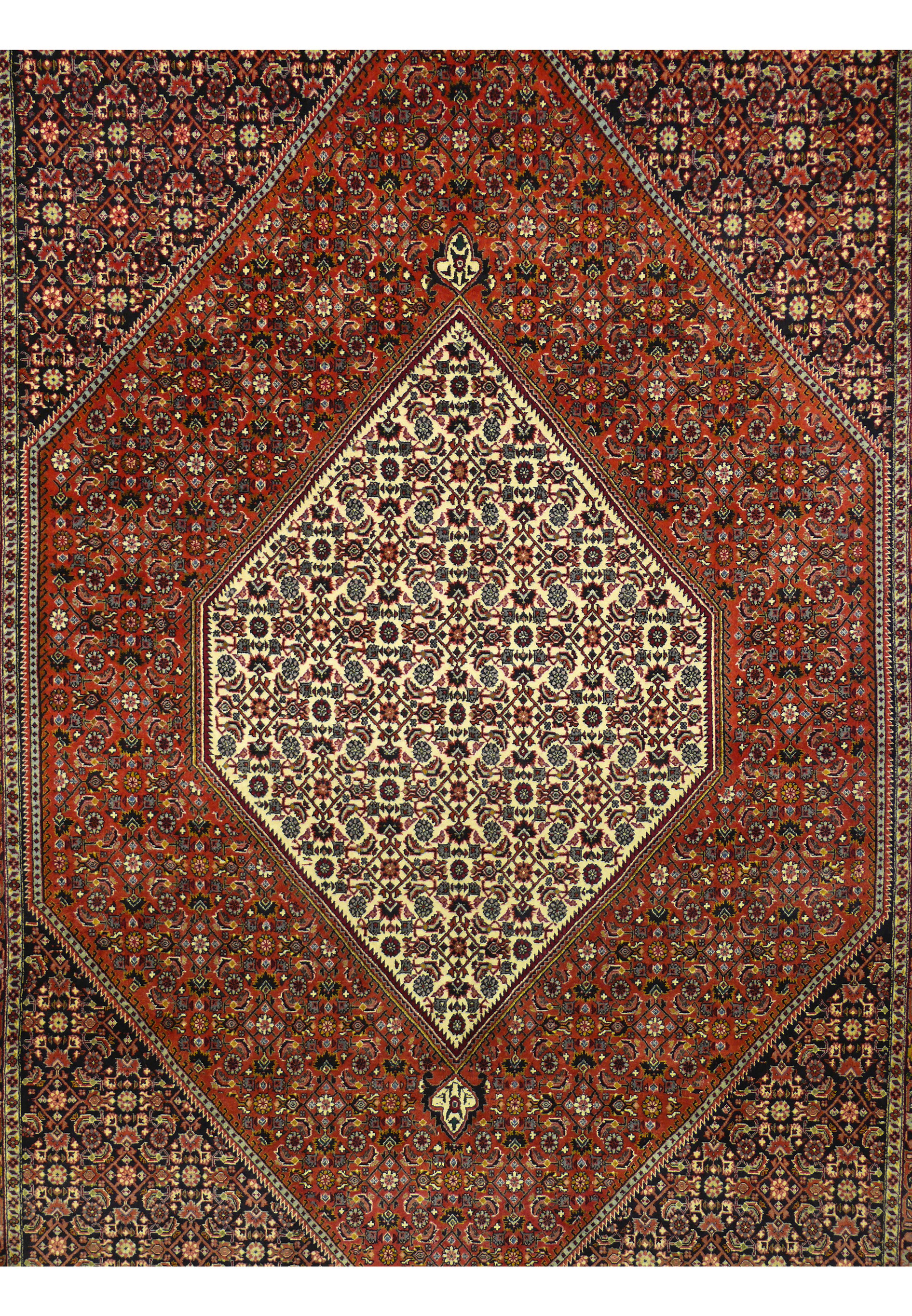 Detailed view of Bijar Persian Rug medallion in ivory with floral motifs and contrasting navy outlines