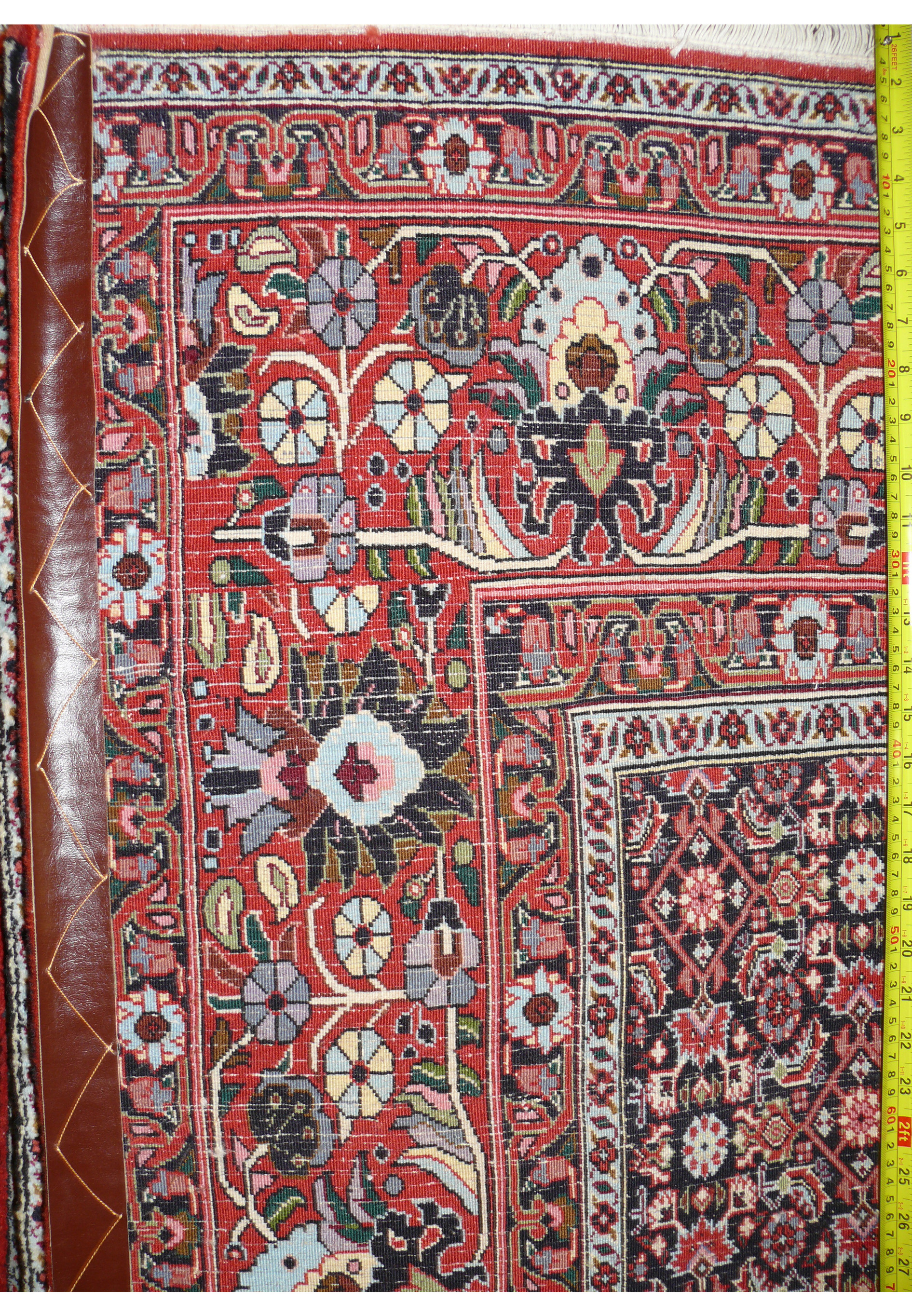 Backside of Bijar Persian Iron Rug showing dense hand-knotted wool pile and cotton foundation