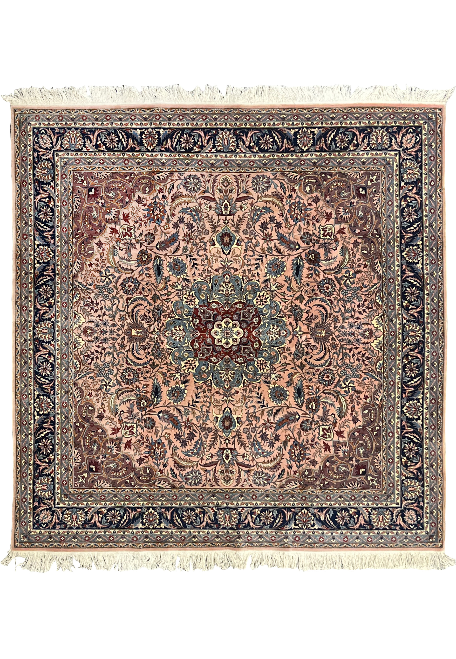 Full view of 8'2 x 8'2 Persian Tabriz square rug with salmon field, navy border, and detailed floral medallion