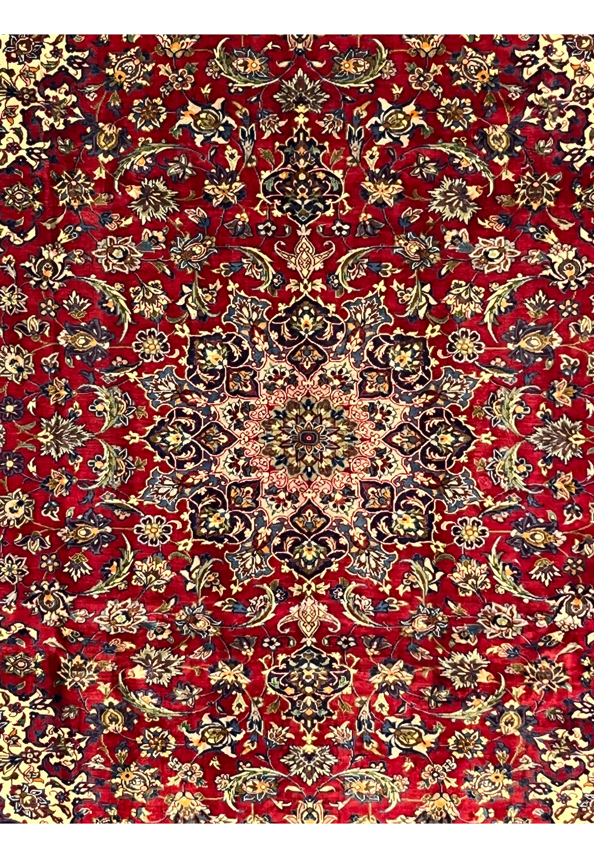 Midfield view highlighting red field and intricate floral motifs