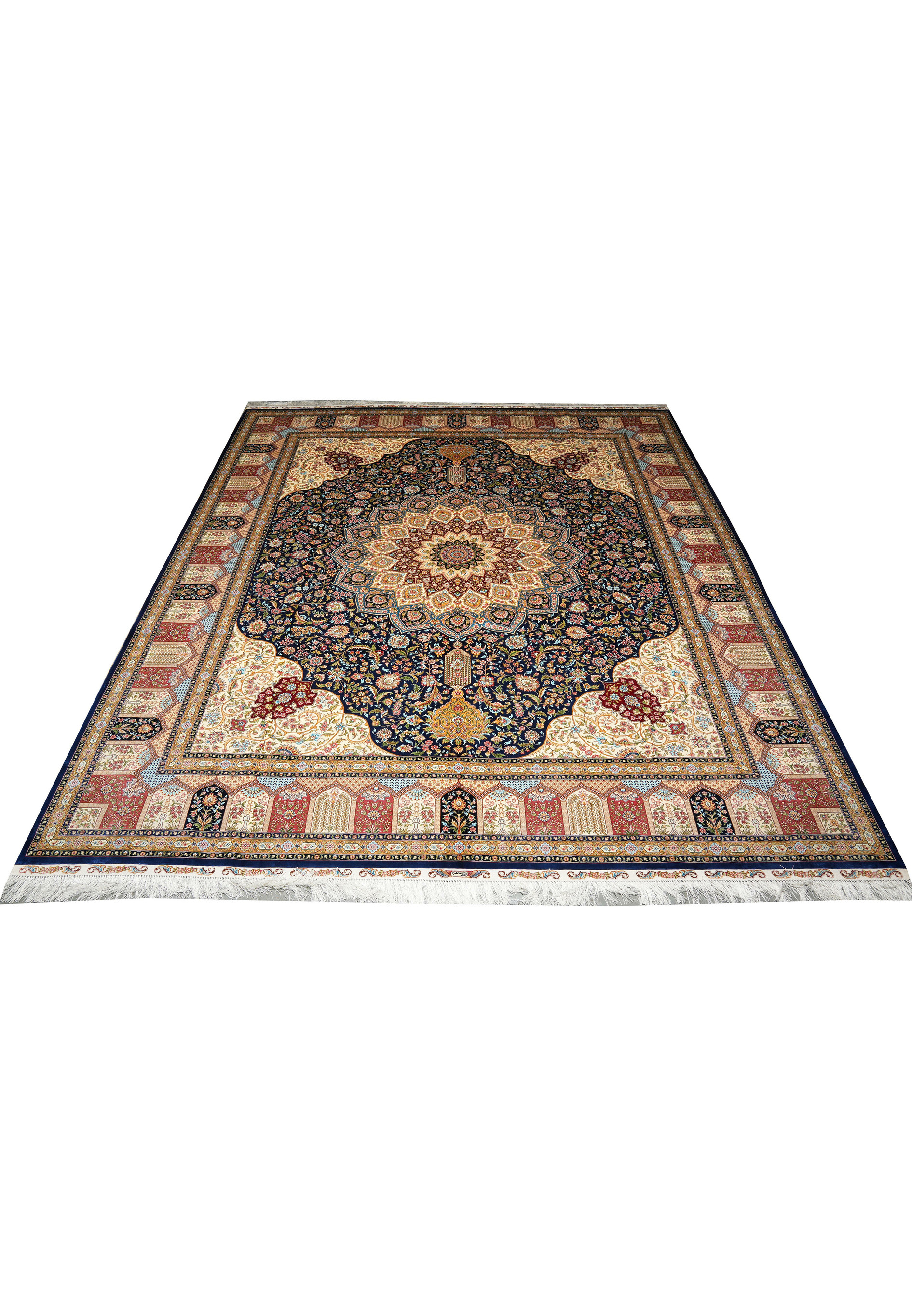 Full laid-down view of an 8x10 Oriental 100% Silk High-End Rug handmade in China, featuring a navy blue medallion on an ivory and gold floral field.