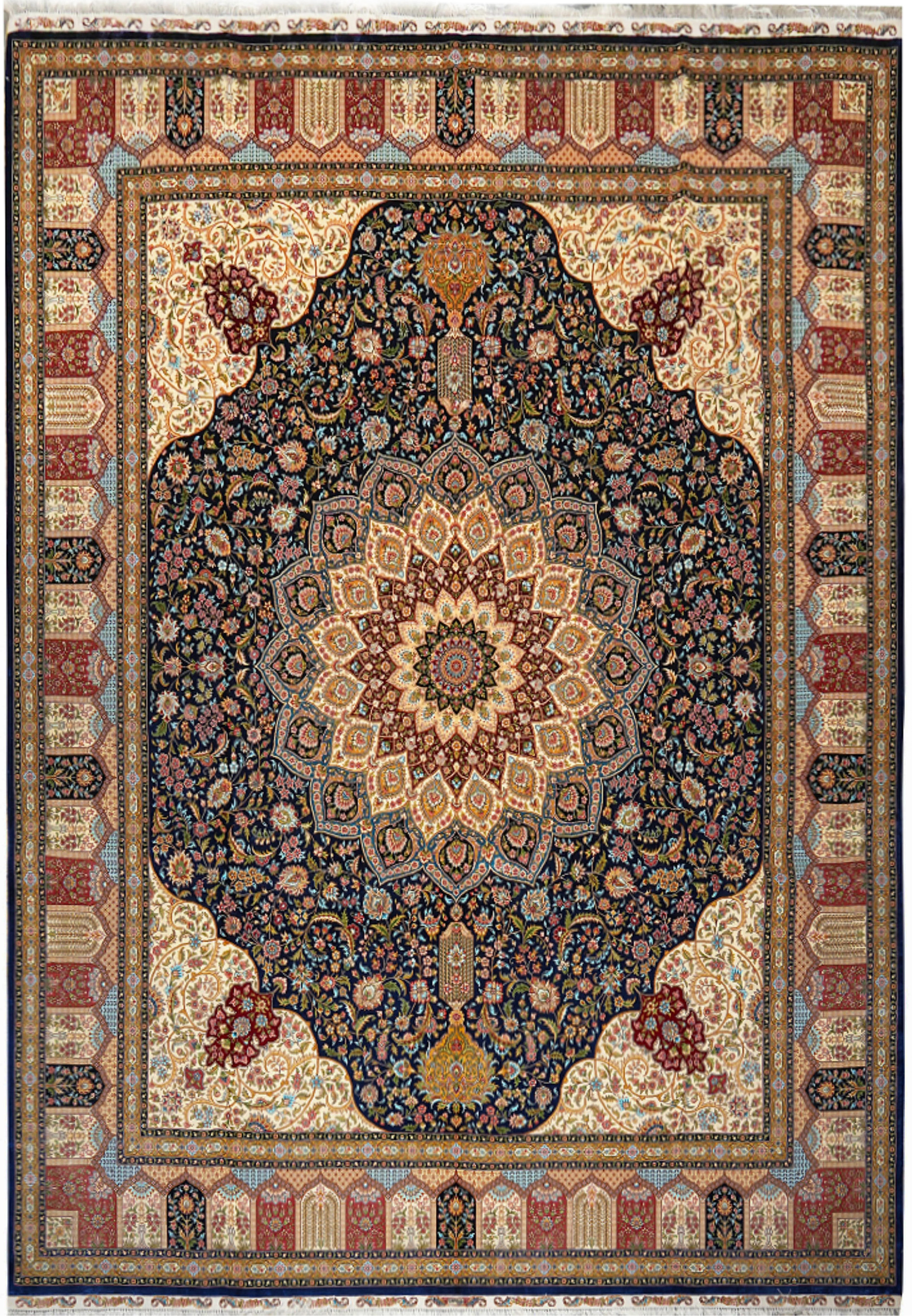 Full view of 8x10 Oriental 100% silk high-end rug featuring intricate medallion design, navy blue field, ivory and burgundy borders, and detailed floral motifs woven in fine silk craftsmanship.