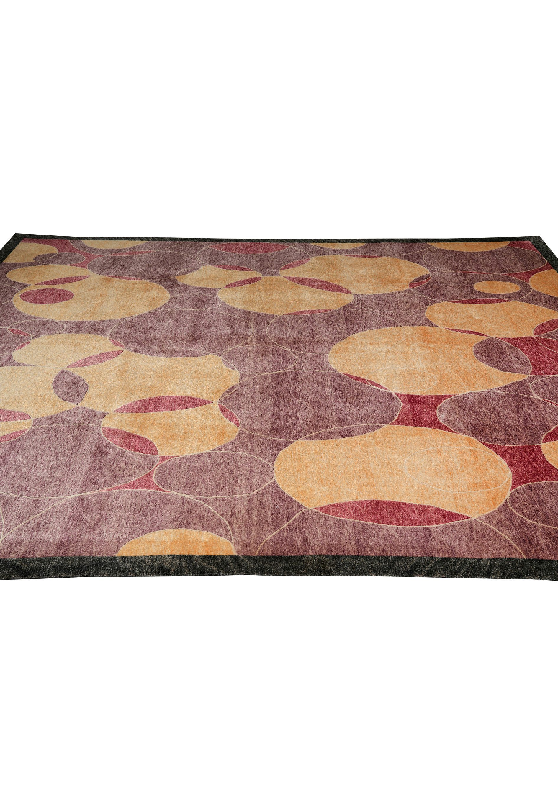 Top view of the 8.2 x 10 Tibetan Modern Rug showing the full pattern of circular motifs in plum, amber, and red tones, hand-knotted in fine Himalayan wool with smooth carved outlines.