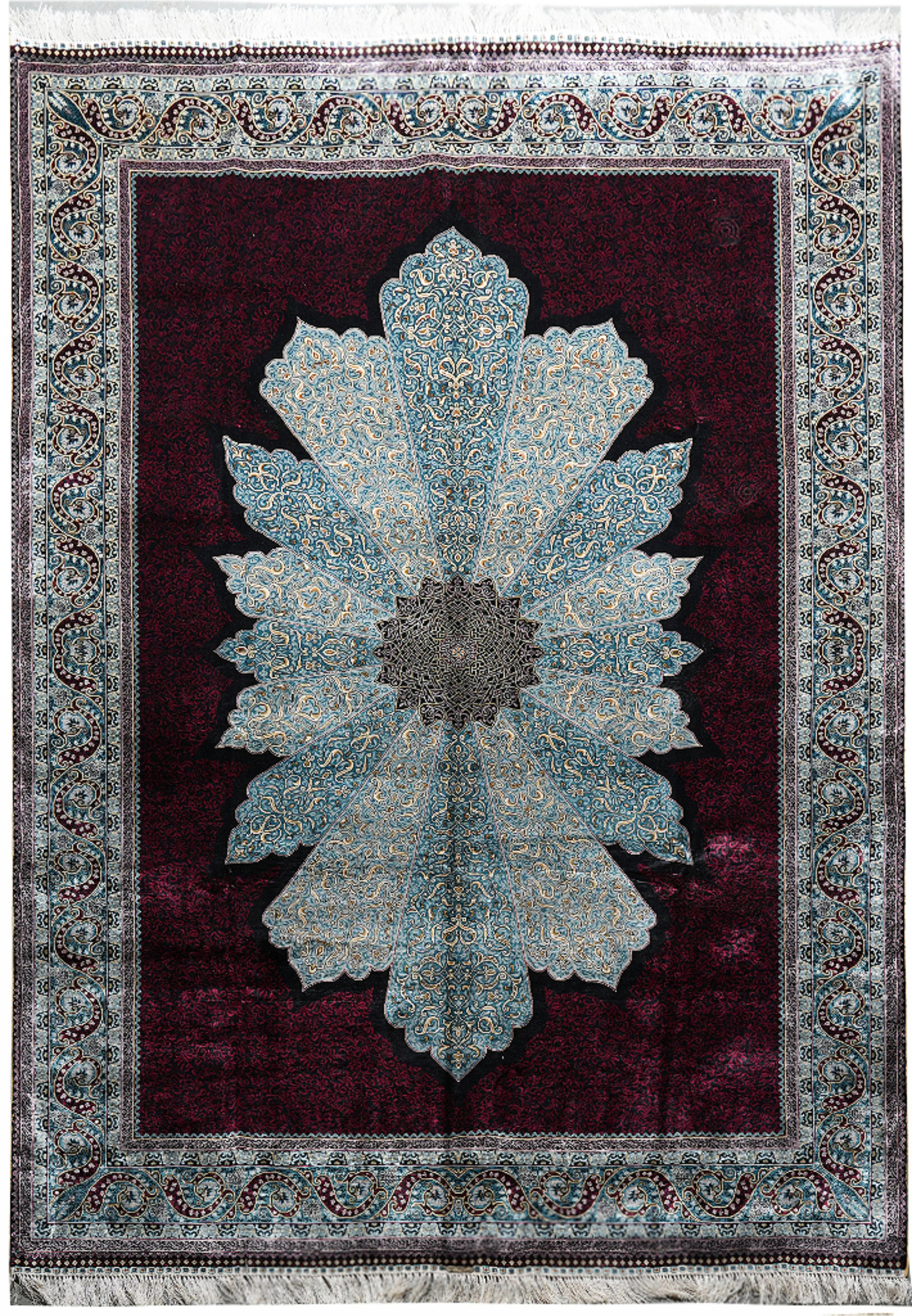 6x9’5 Chinese silk oriental rug with burgundy field and large sky-blue medallion floral design