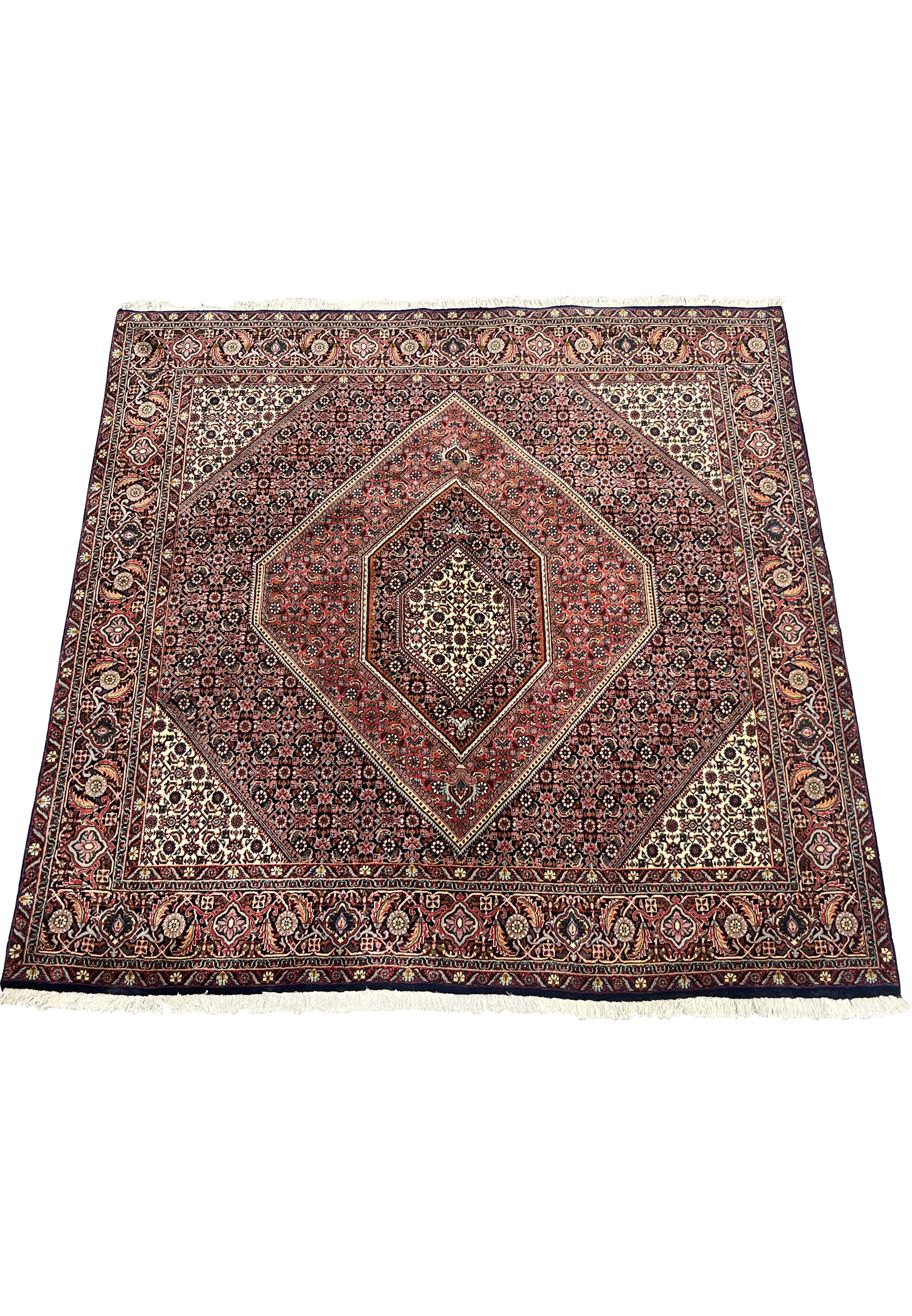 Laid-down perspective of square Bijar Persian rug highlighting its balanced medallion layout, intricate pattern, and deep rust and navy palette.
