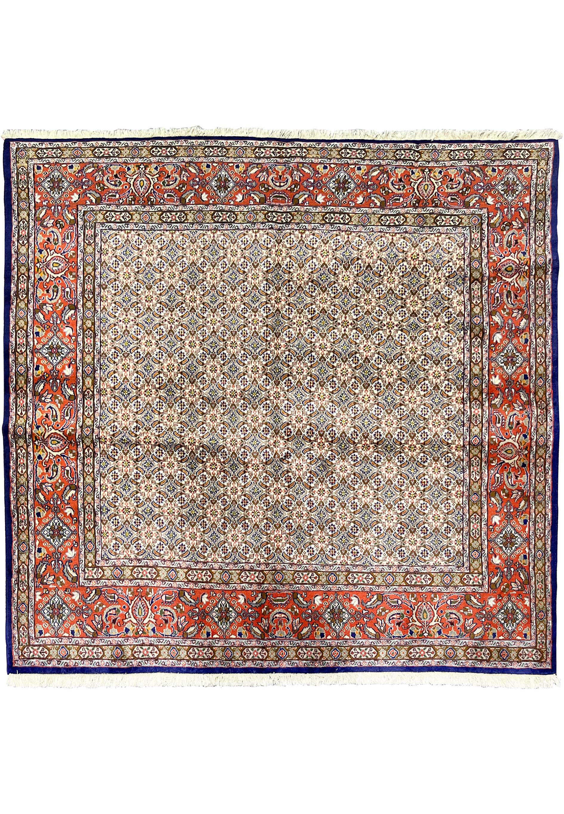 Full view of 6'4 x 6'6 square Persian Moud rug showing ivory Herati field and red floral border.