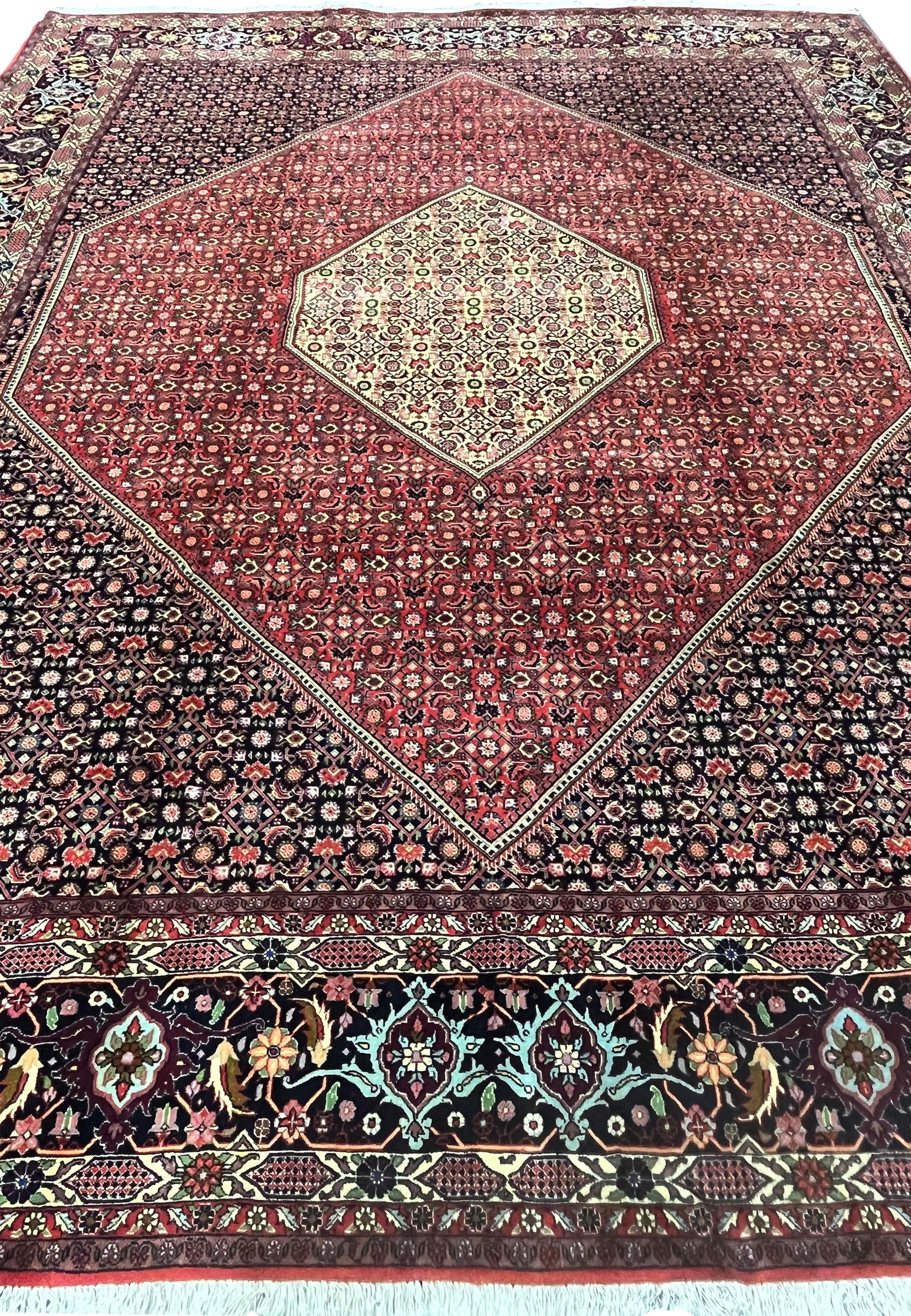 10x13 Bijar Persian rug mid-field detail with repeating floral lattice