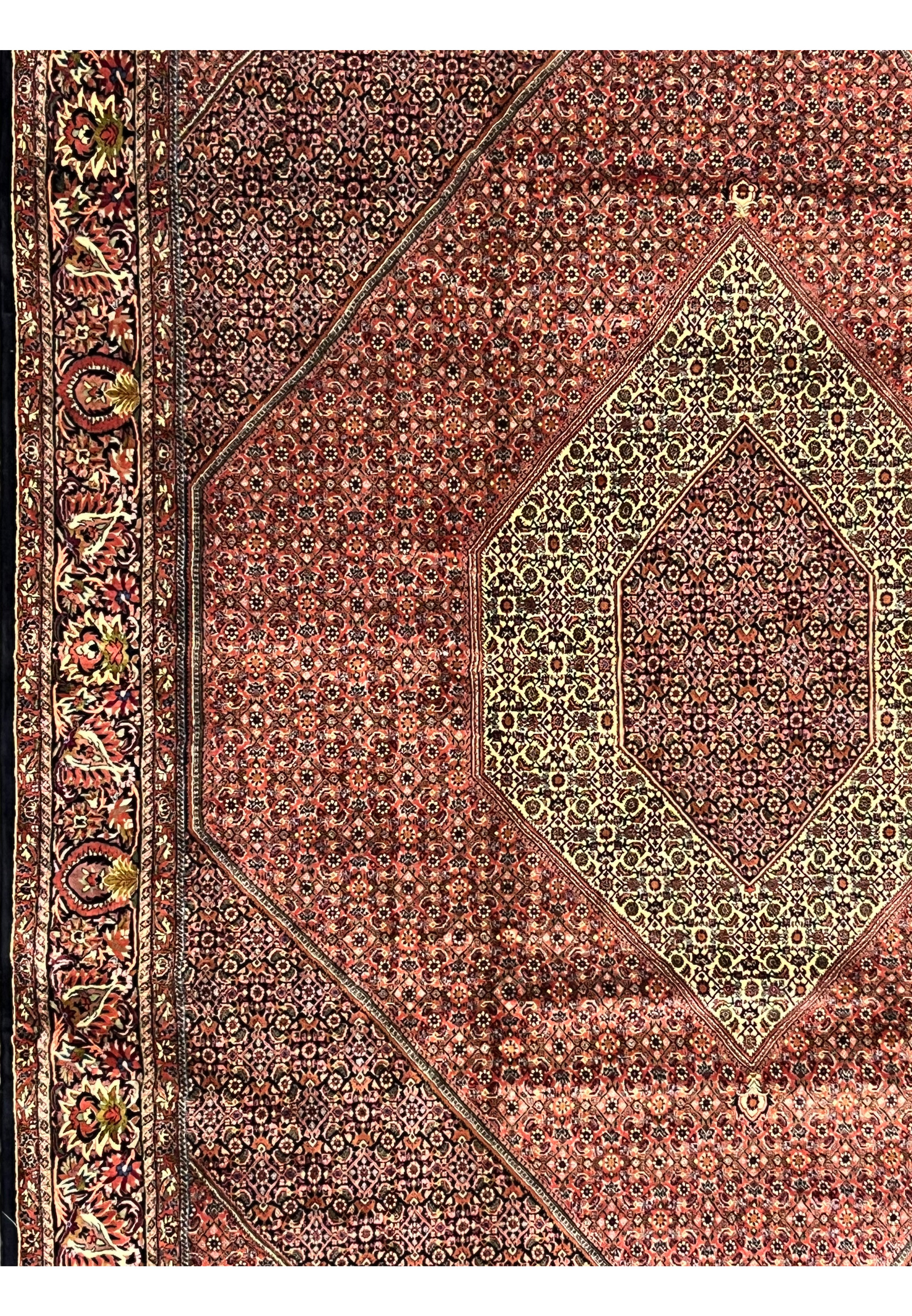 Side view of dense floral patterns and geometric framing on the Bijar Persian Iron Rug.
