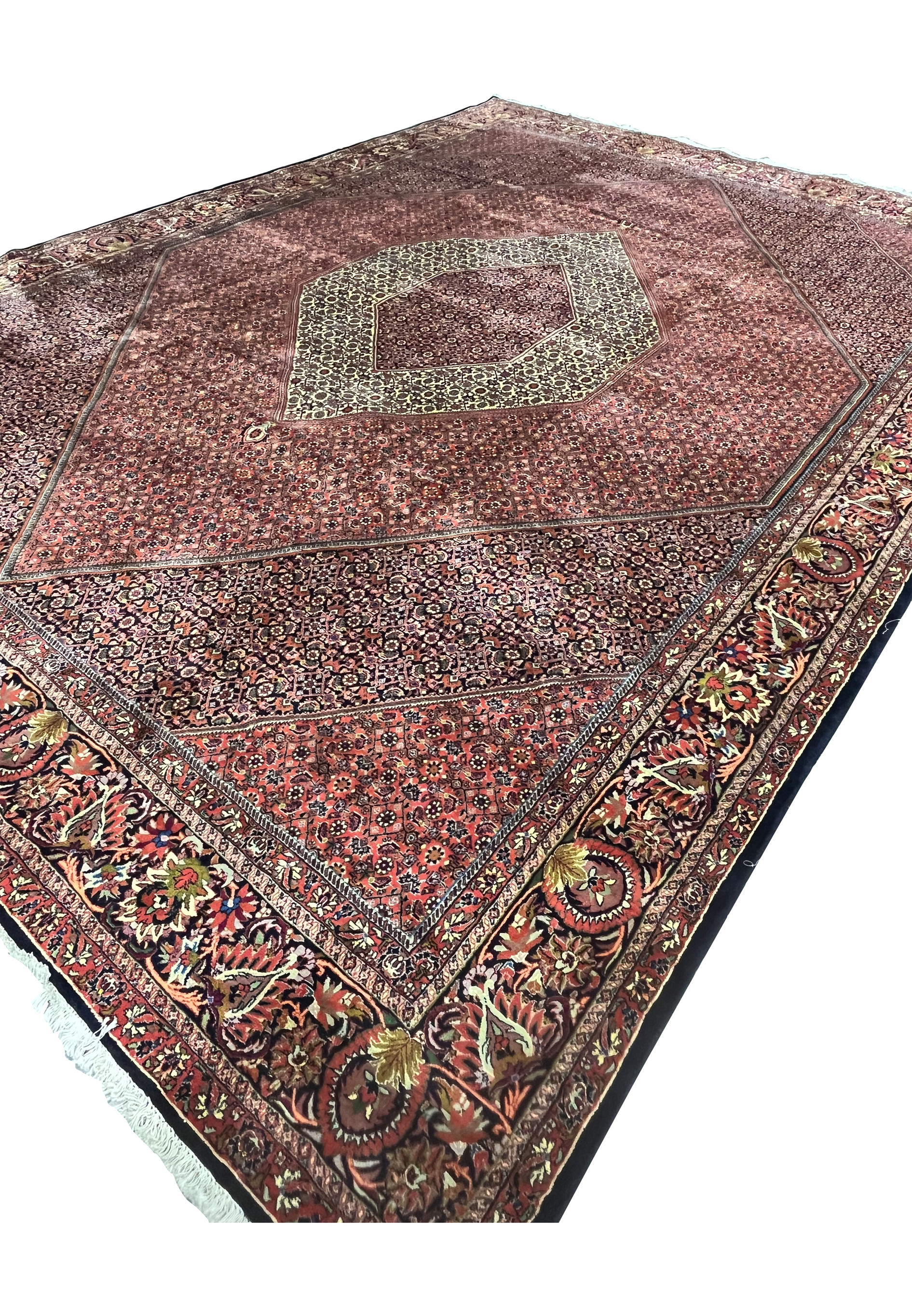 Angled low view of the 9'9 x 13'2 Bijar Persian Iron Rug showing the large cream medallion and brick red Herati field.