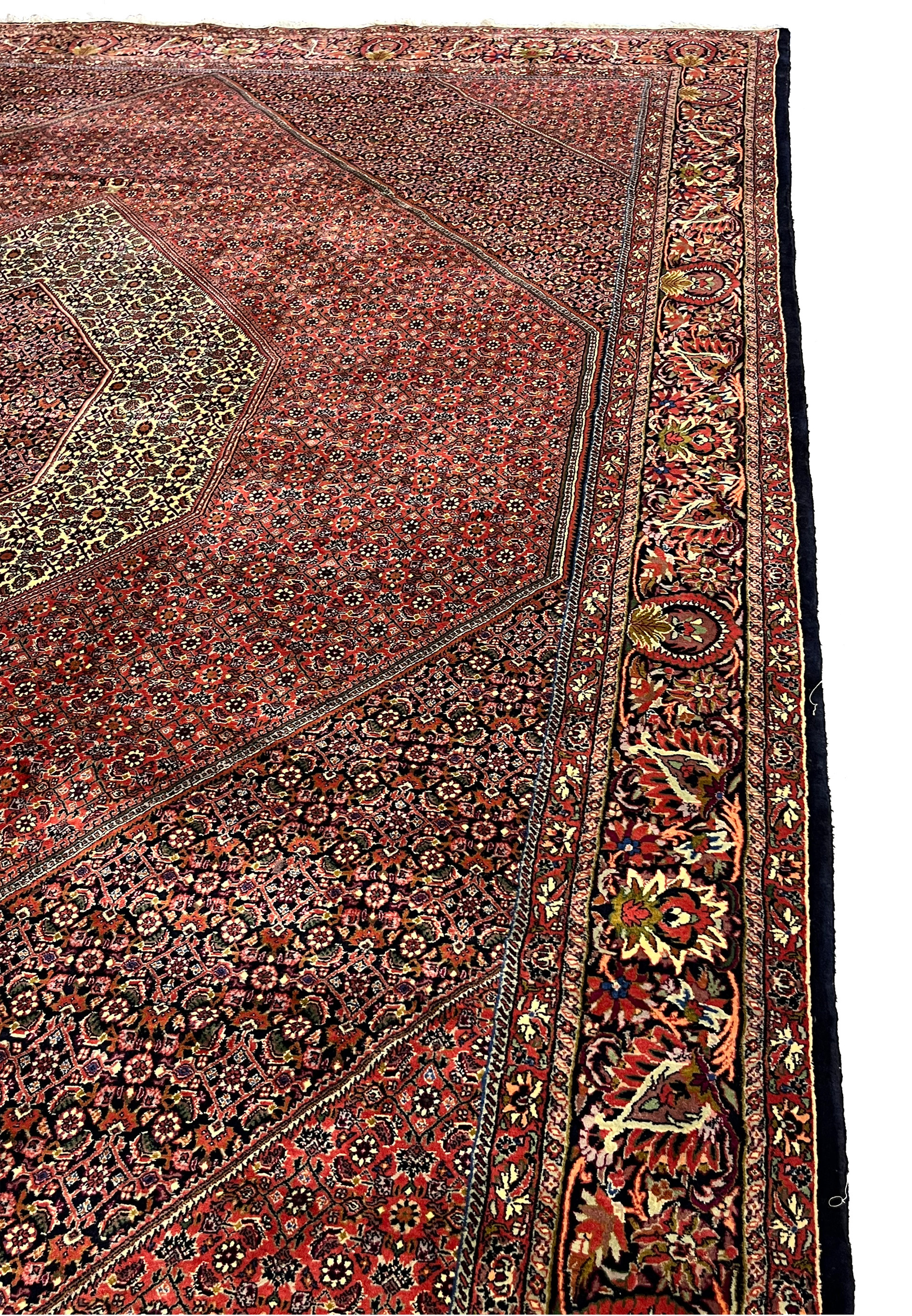 Side view of the Bijar Persian Iron Rug showing the floral border and geometric field layout.