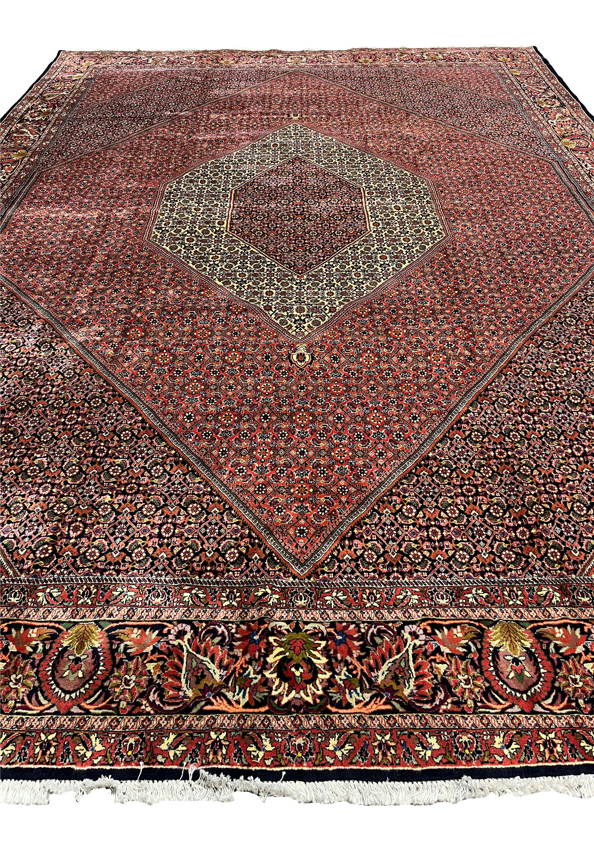 Flat overhead view of the Bijar Persian Iron Rug with octagonal medallion and red flower-filled field.