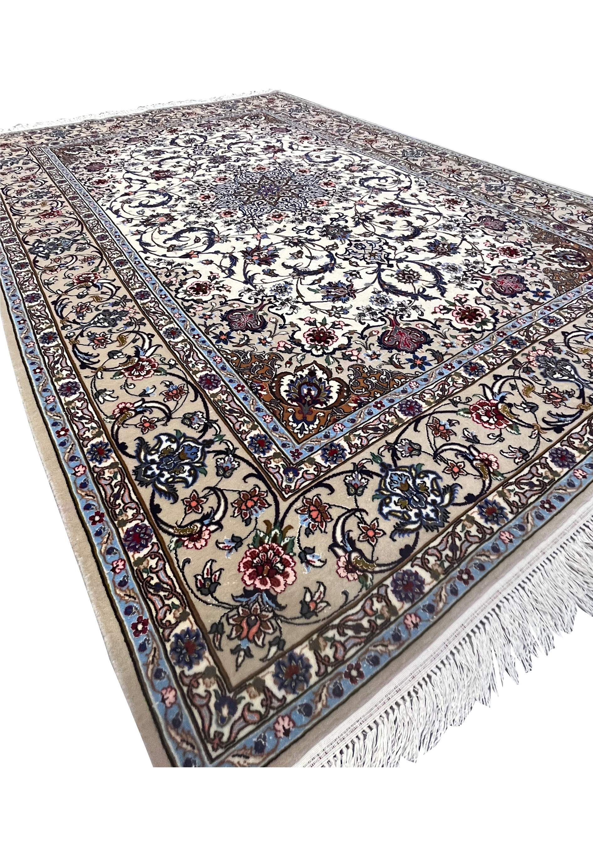 Angled perspective of the Isfahan rug highlighting its sheen, medallion clarity, and floral layout.
