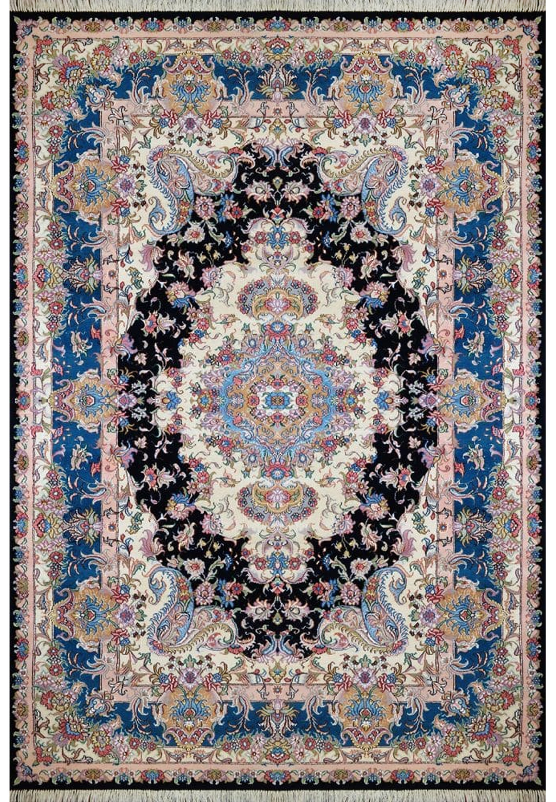 Single Tabriz rug full view with central medallion, blue borders, and finely detailed floral motifs.