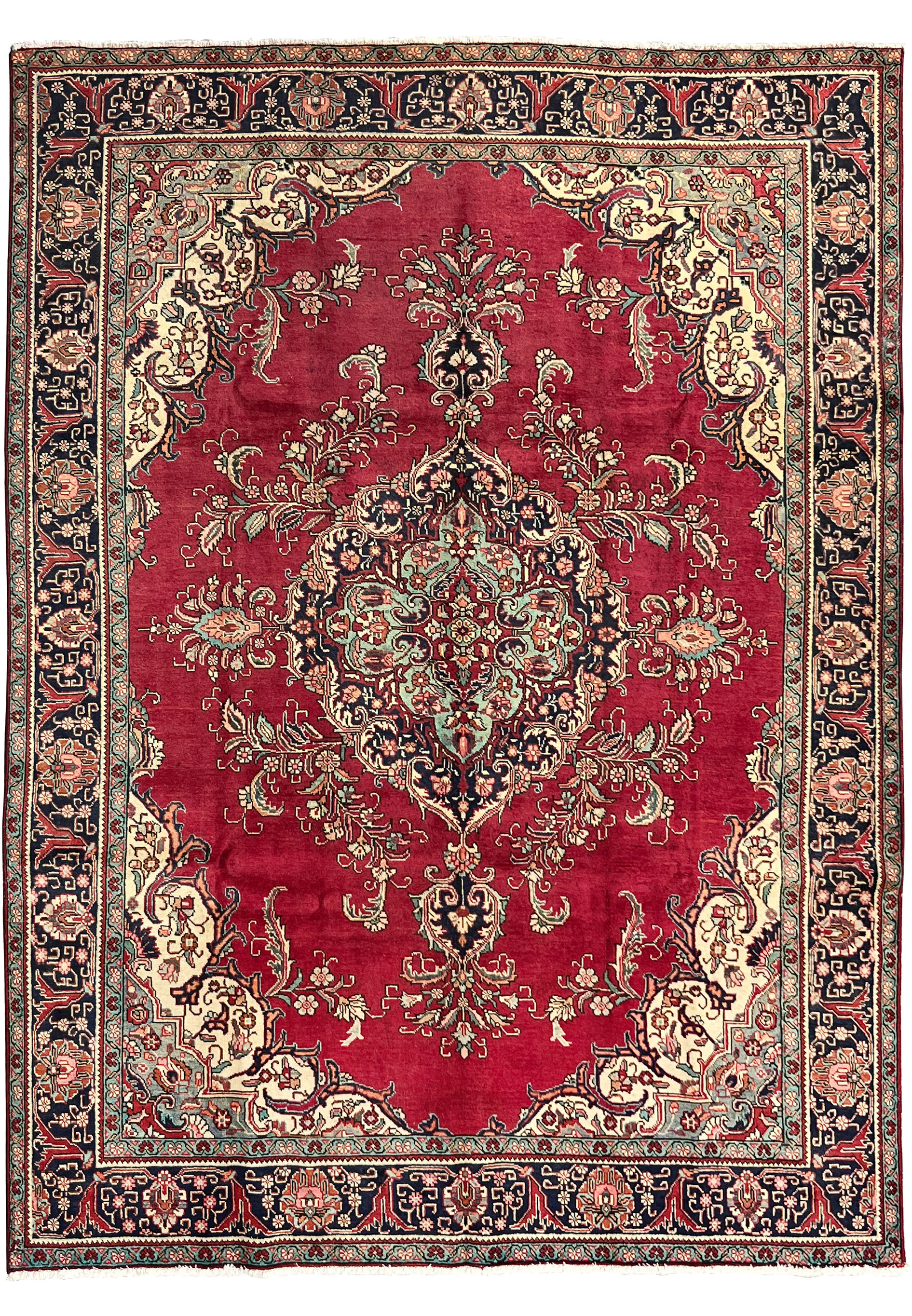 Full view of the 10x13 Patina Vintage Persian Tabriz Rug showing red field, central medallion, worn patina areas, and detailed navy and cream borders.