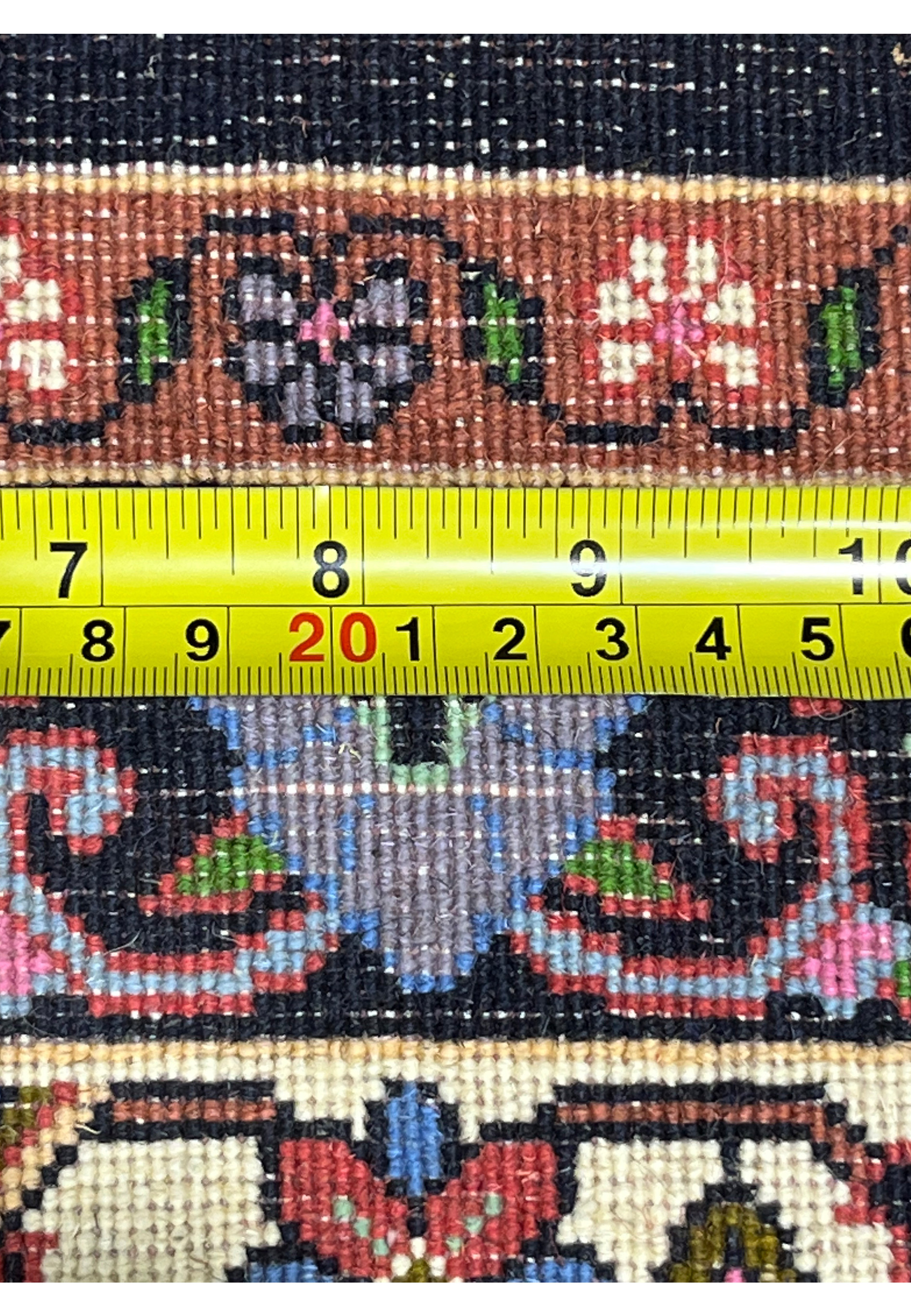 Backside of Persian Bijar iron rug showing extremely tight knot density and bold color separation