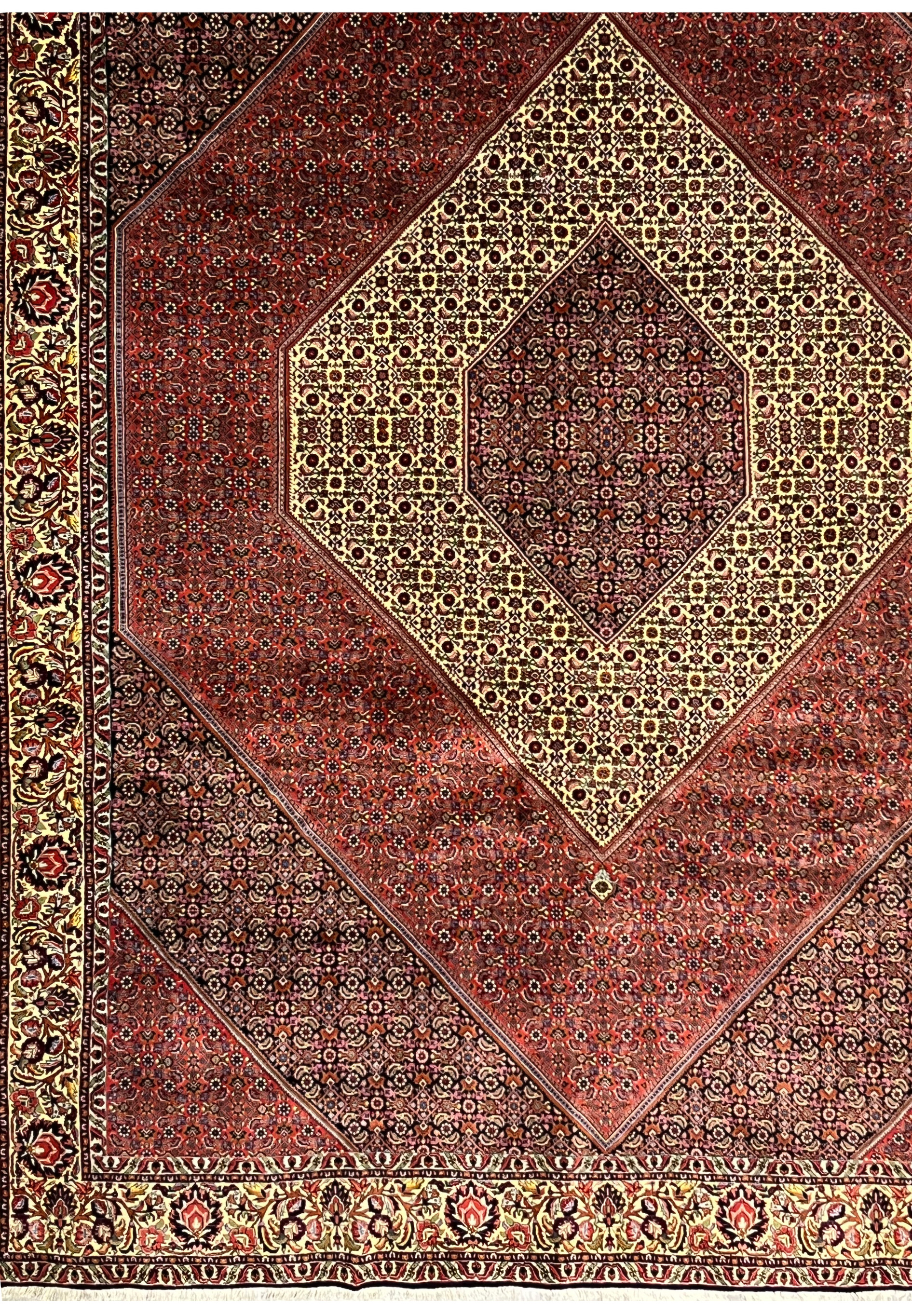 Lower field section of Persian Bijar rug with angular panel layout