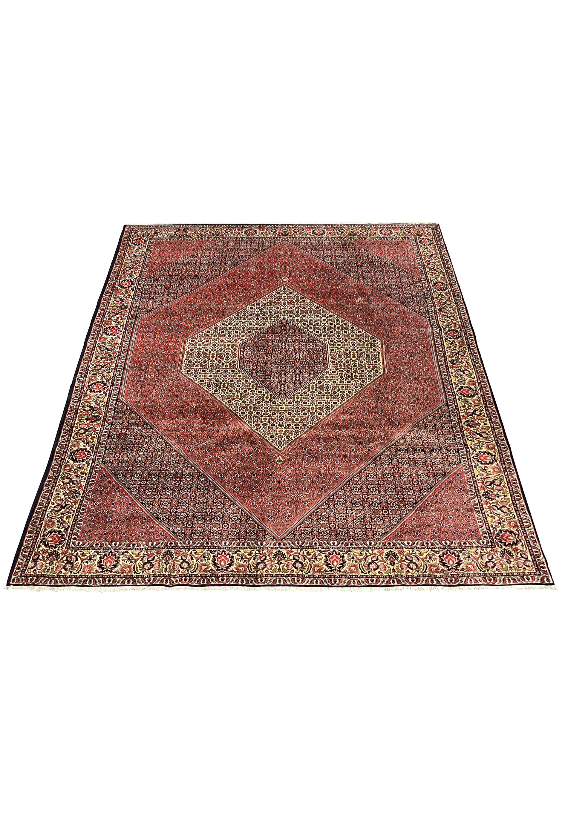 Laid down view of large Persian Bijar rug showing full geometric composition