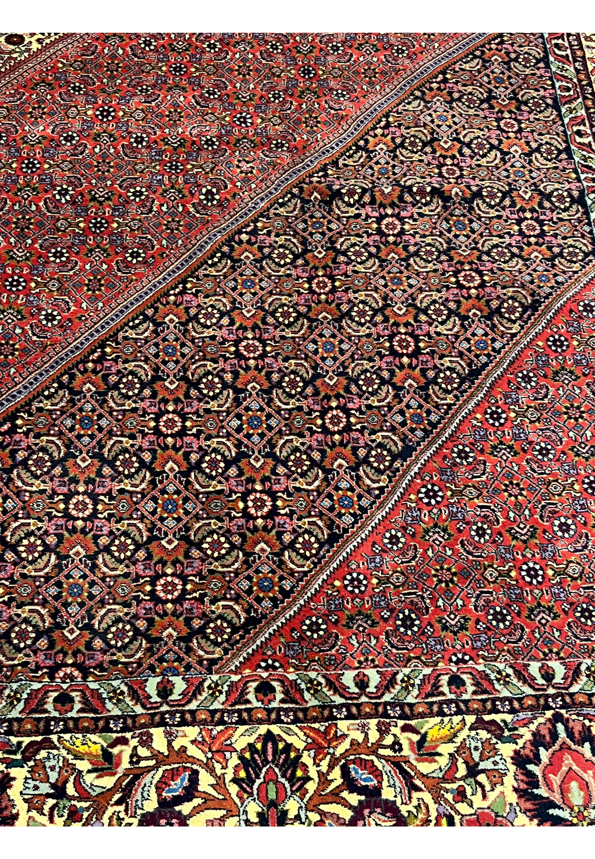 Inner lattice pattern of Persian Bijar rug showing dense knot structure