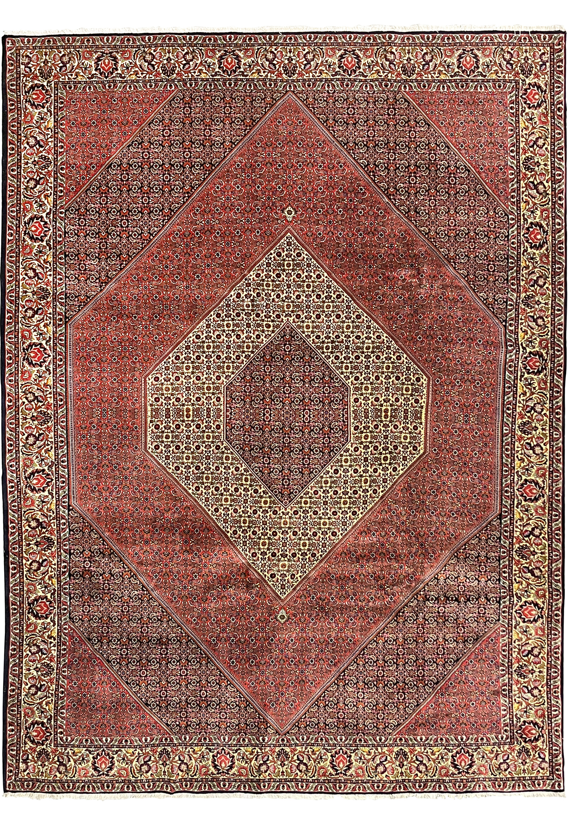 Full view of 10x13 Persian Bijar rug with diamond medallion and brick red field