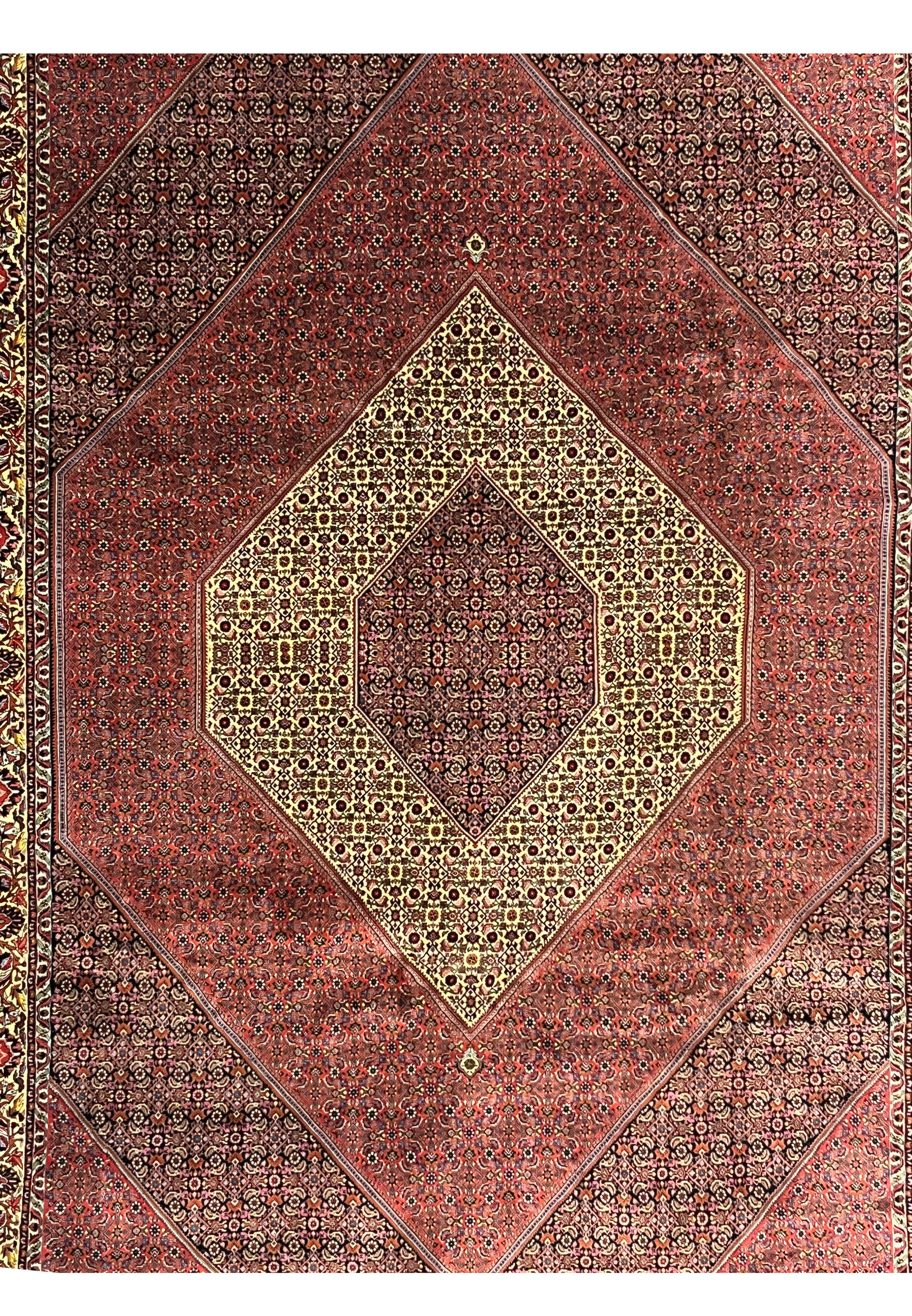 Midfield detail of brick red Persian Bijar rug with dense floral lattice