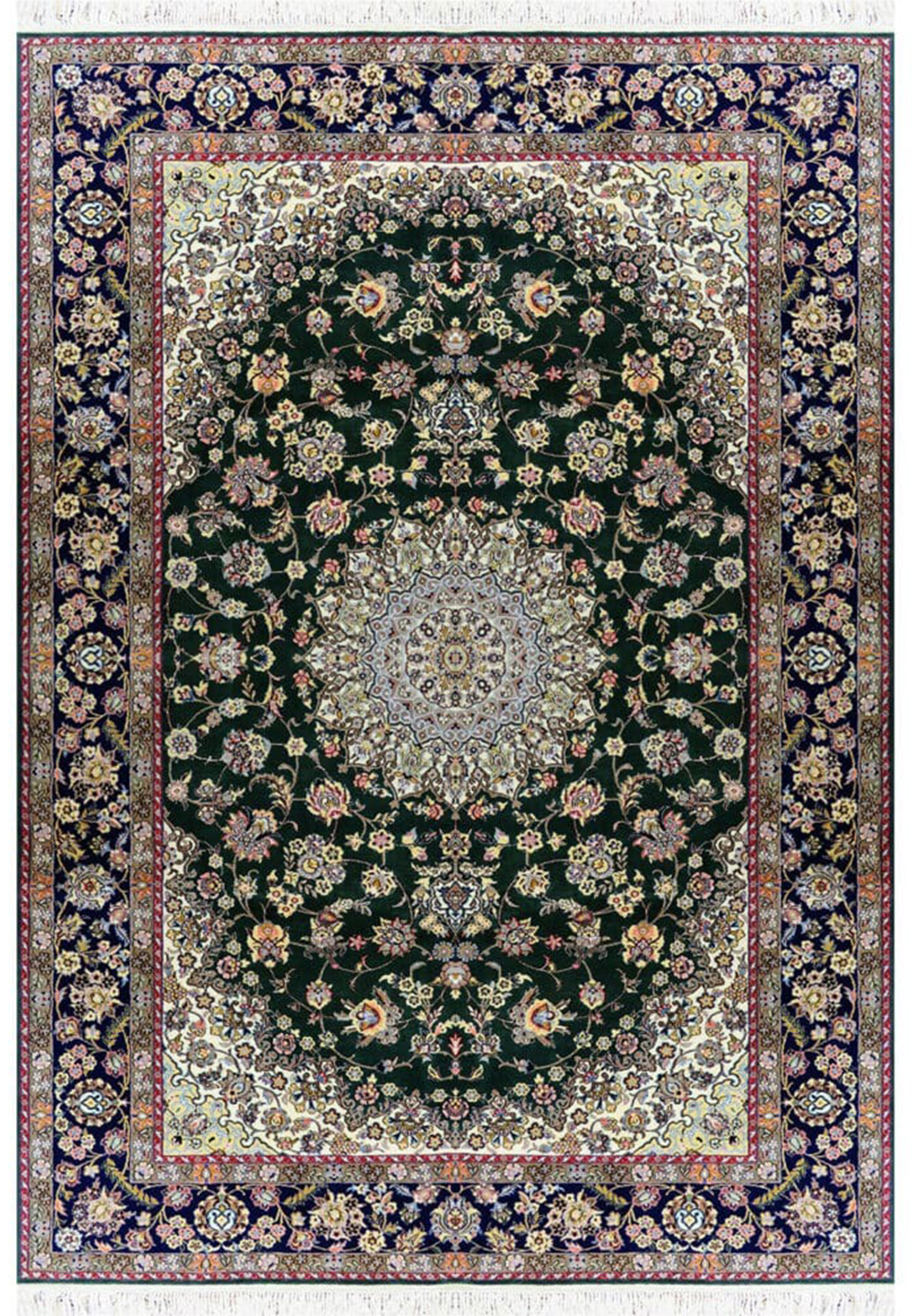 7x10 deep forest green Persian Nain 9LA rug with ivory medallion, navy floral border, fine wool and silk detail, hand knotted in Iran