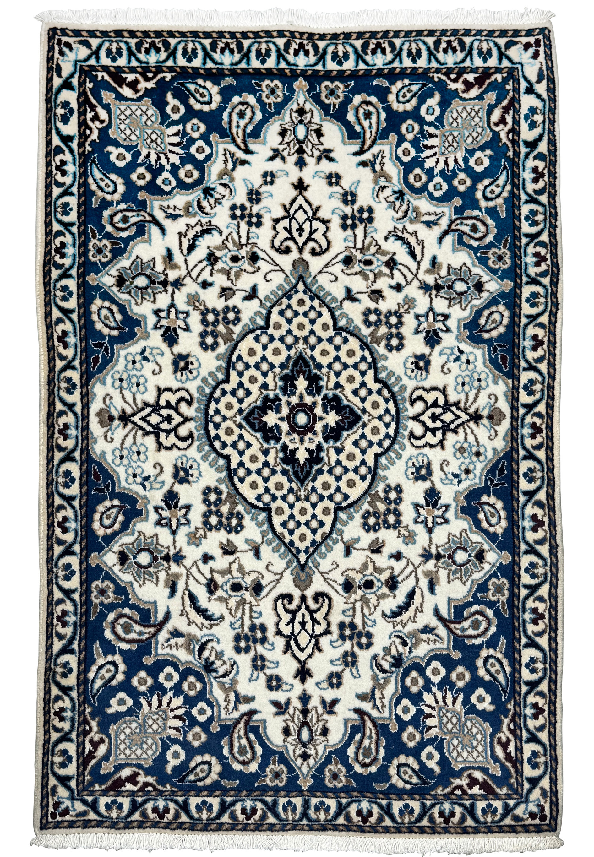 Full view of 2'9 x 4'6 Persian Nain rug featuring a royal navy blue frame, ivory medallion center, and finely woven wool floral pattern