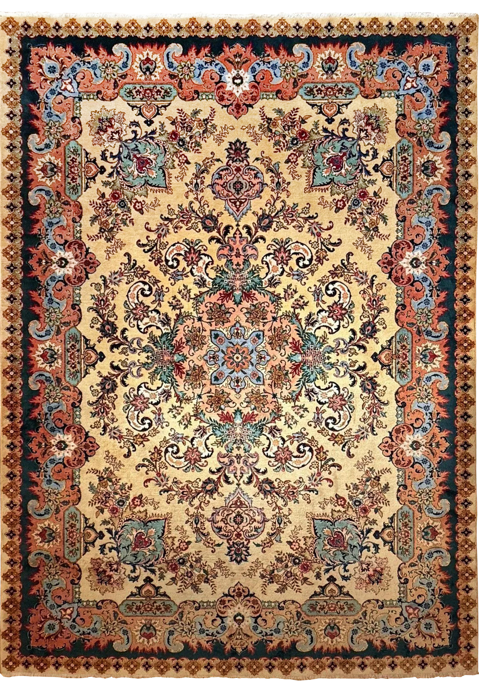 Ivory field Persian Tabriz rug with coral medallion, teal border, slate blue floral scrolls and symmetrical classical design